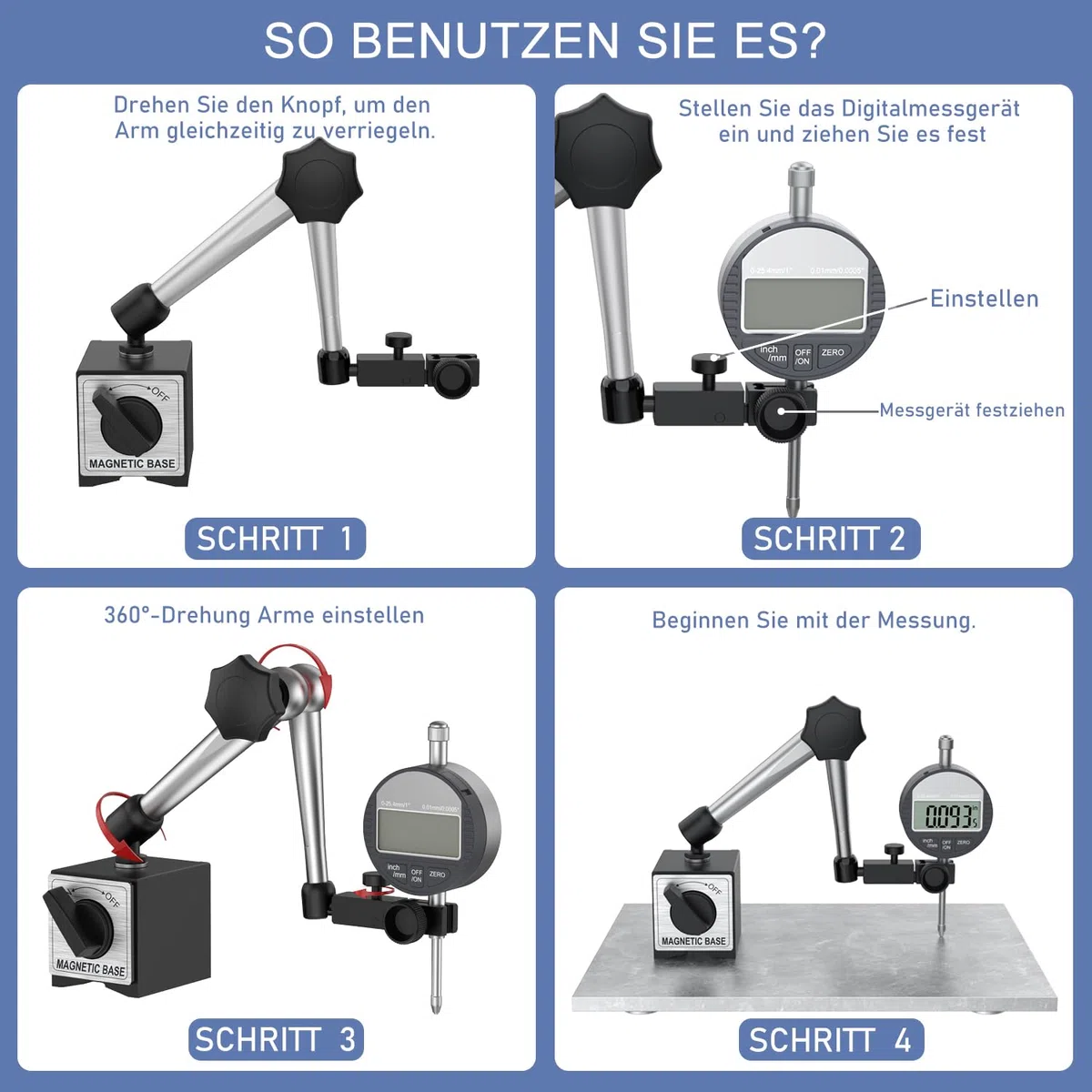 Digital Messuhr 0-25,4mm und Magnetfuß mit Zentralklemmung, 80kg Maximale Zugkraft,Zoll/Metrische Umrechnung, Ideal für Automobilgebrauch, 3D Drucker und Kalibrieren Werkstattmaschinen