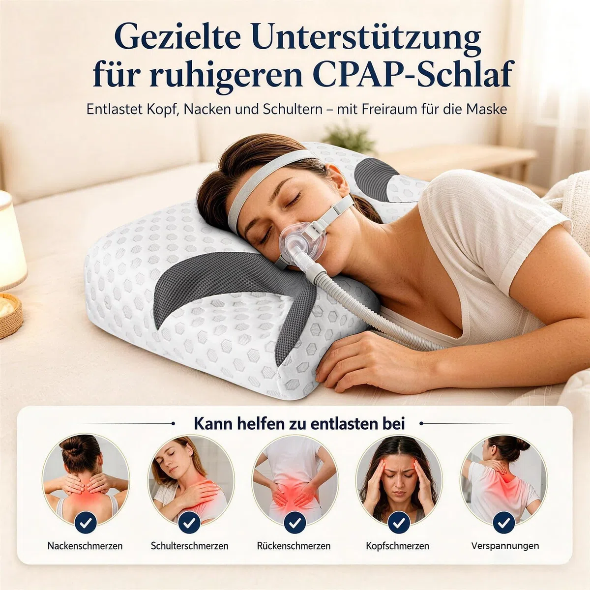 CPAP Kissen für Seitenschläfer, Memory Foam Kopfkissen für CPAP Masken, ergonomisches Nackenstützkissen zur Reduzierung von Maskendruck und Luftleckagen, für Seiten-, Rücken- und Bauchschläfer