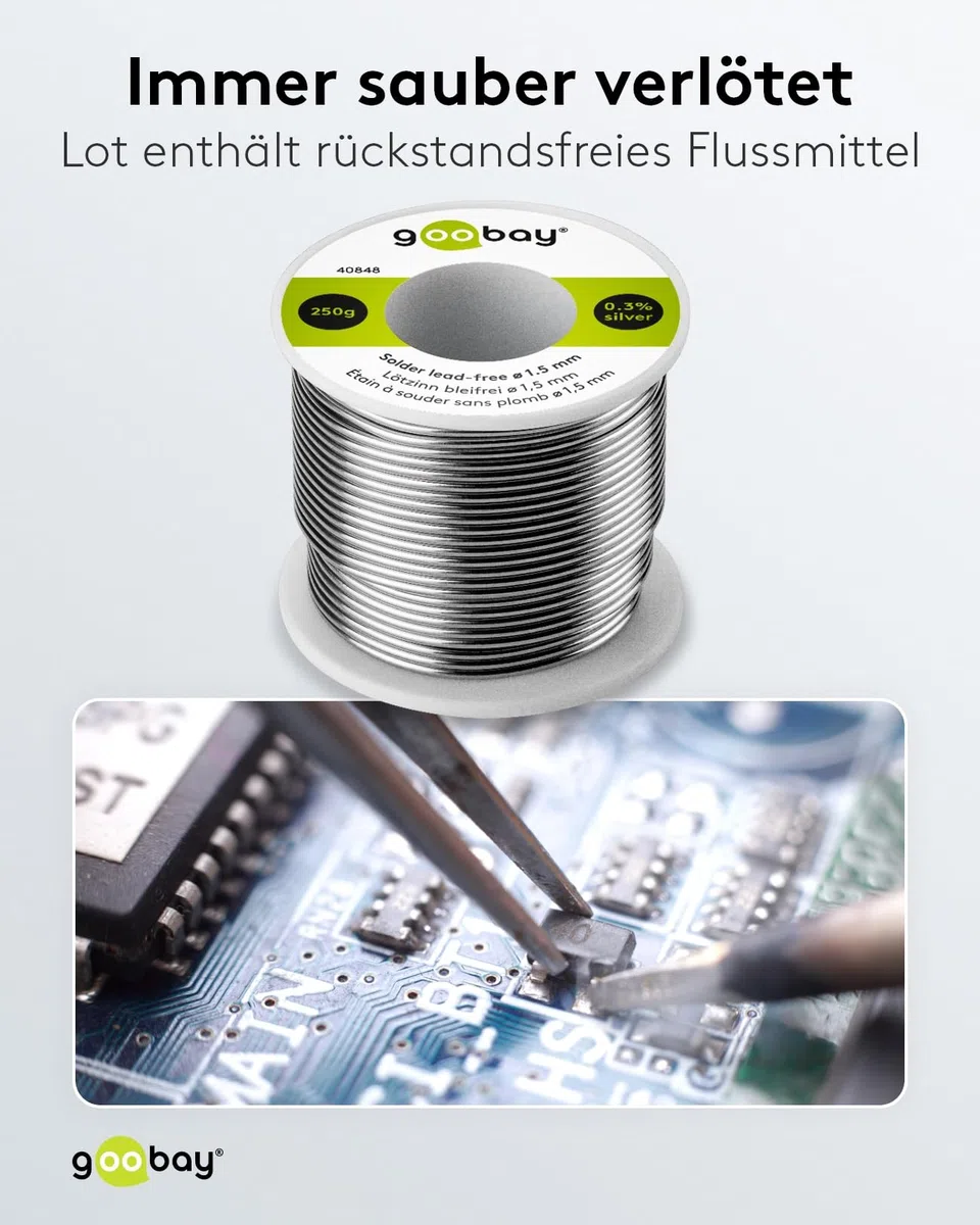 goobay Lötzinn Bleifrei 1.5mm für Kabel & größere Lötstellen, 250g Lötdraht mit Flussmittel, Elektronik Zinn zum Weichlöten - 40848