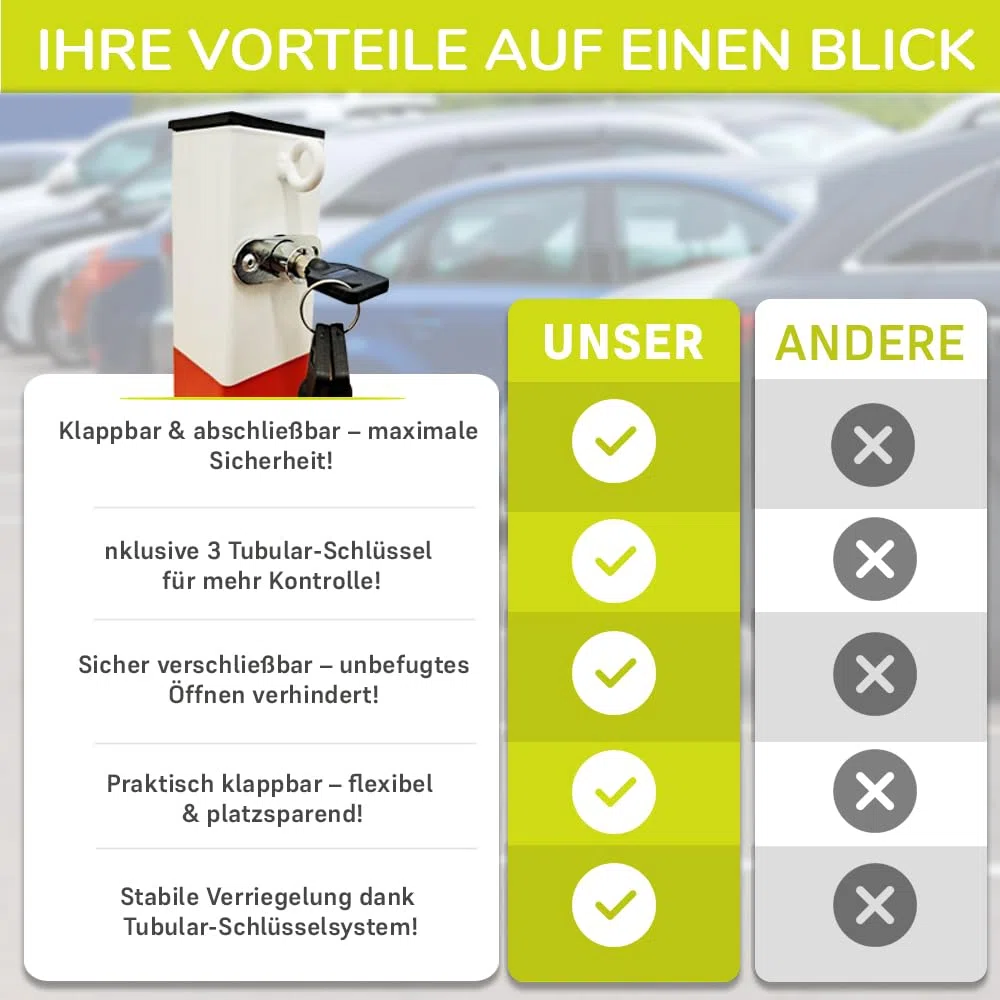 Marwotec Absperrpfosten aus Metall Klappbare Parkplatzsperre mit 2 Kettenösen, Reflektionsstreifen & 3 Schlüsseln Gesamthöhe 70 cm