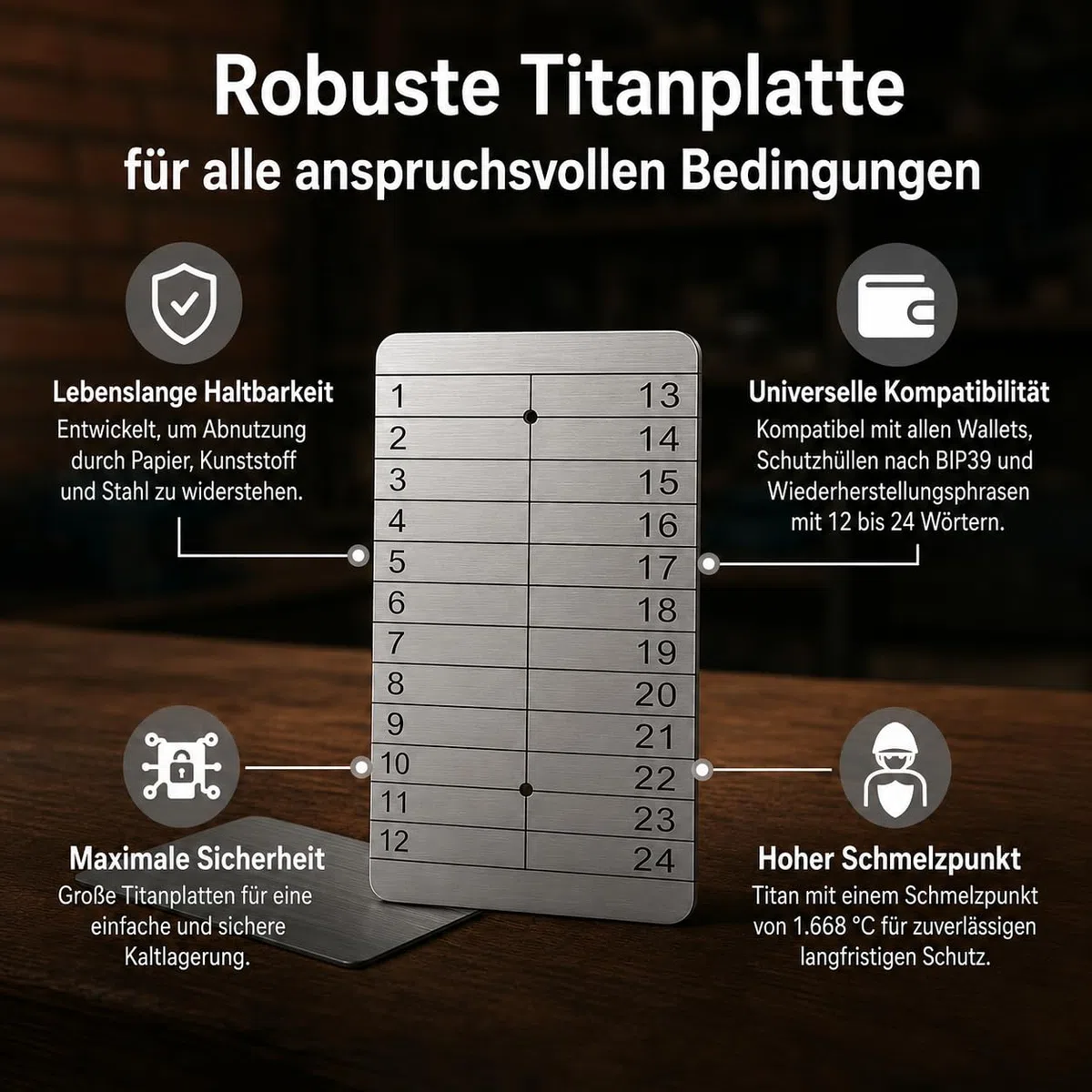 4X Titan-Speicherplatten für Krypto-Seeds, lasergraviert, stanzbar und ätzbar – sicheres Cold Wallet für Offline-Backups von Bitcoin, Ethereum & anderen Kryptowährungen.