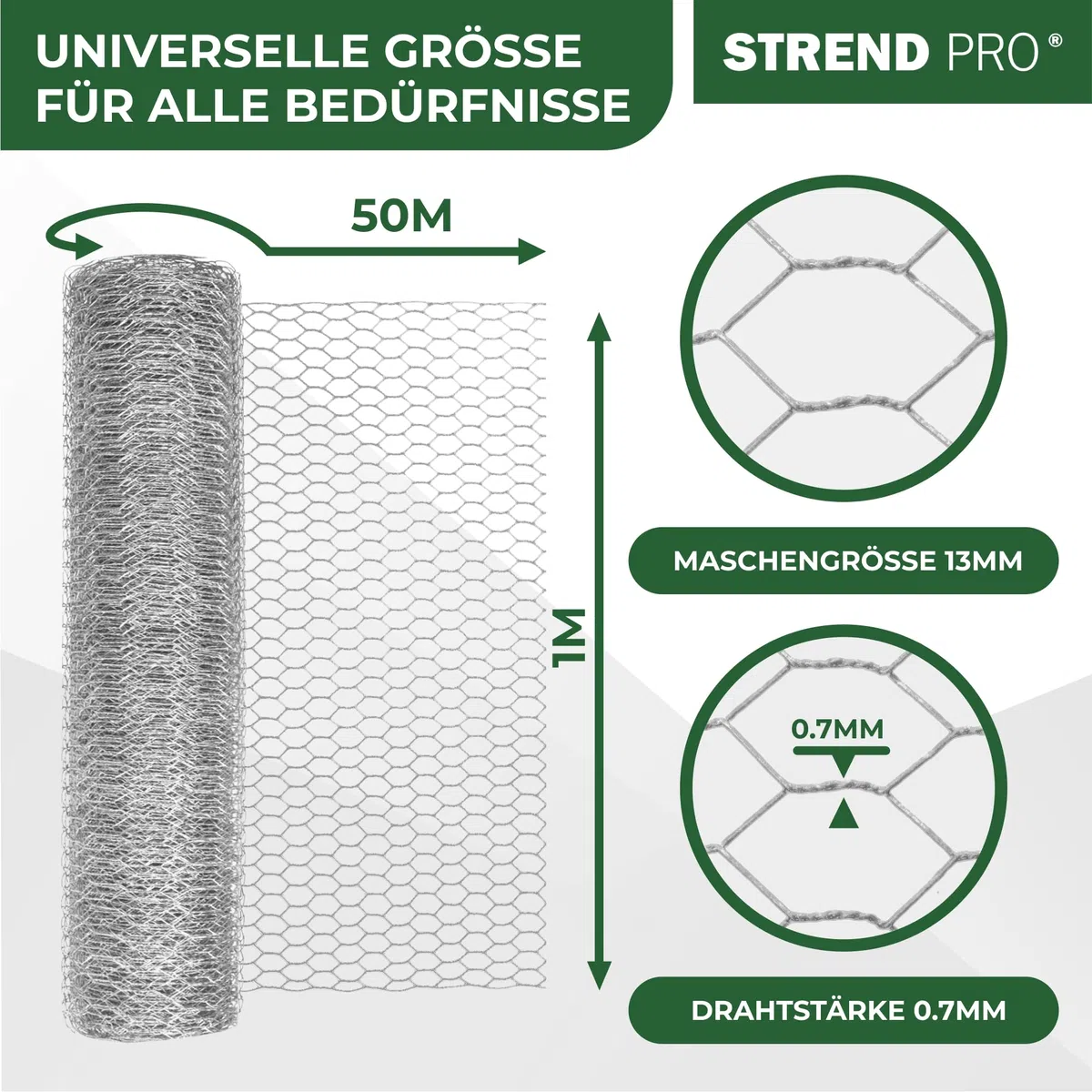 STREND PRO Maschendrahtzaun | Verzinkt | 1m x 50m | 0,7 mm, 13mm HEX | Kaninchendraht, Hasendraht, Volierendraht für Garten & Tierhaltung | Hasengitter, Hühnerzaun, Gartenzaun