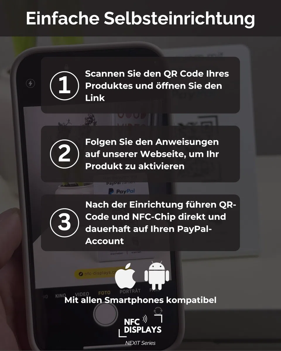 Aufsteller/Schild für PayPal-Zahlung mit QR-Code und NFC (16,5 x 10,5 cm) - weiß