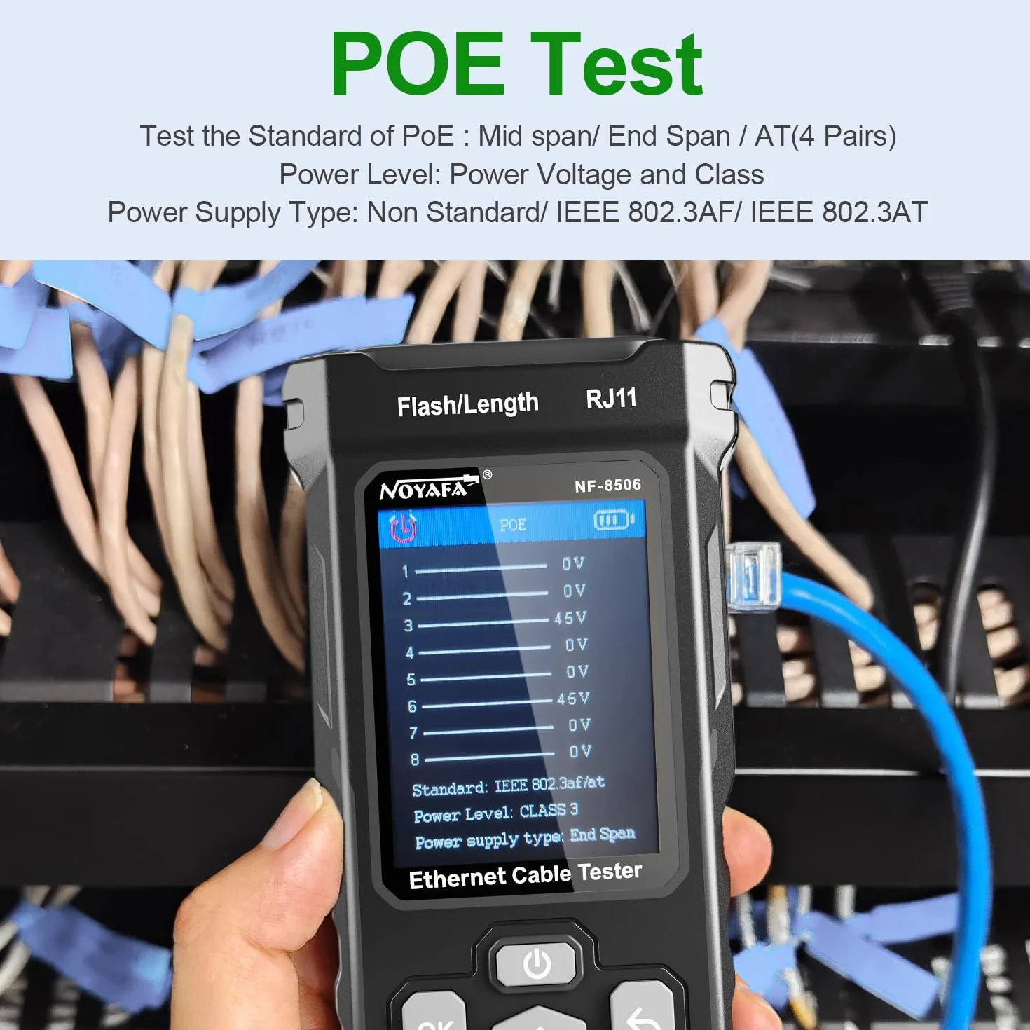 NOYAFA Netzwerktester mit IP-Scanning, PING- und Switch-Rate-Test, TDR Netzwerkkabel Tester, RJ11 RJ45 Tester, Ethernet-Kabeltester für Cat5/Cat6 POE-Tests, Wire Tracer Mapping, NF-8506