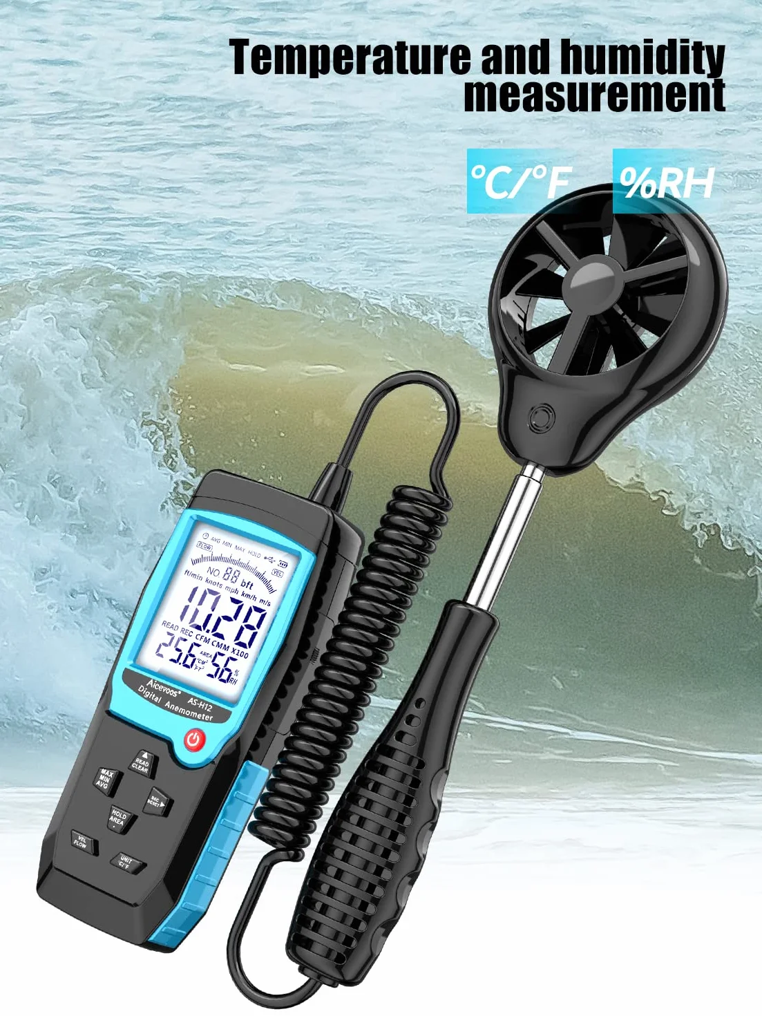 H12 Digitales Anemometer Handmessgerät, Windmesser Windmessgerät mit Erweitertem Windsensor, misst Windgeschwindigkeit (MAX/MIN/AVG) Windfluss (CFM)