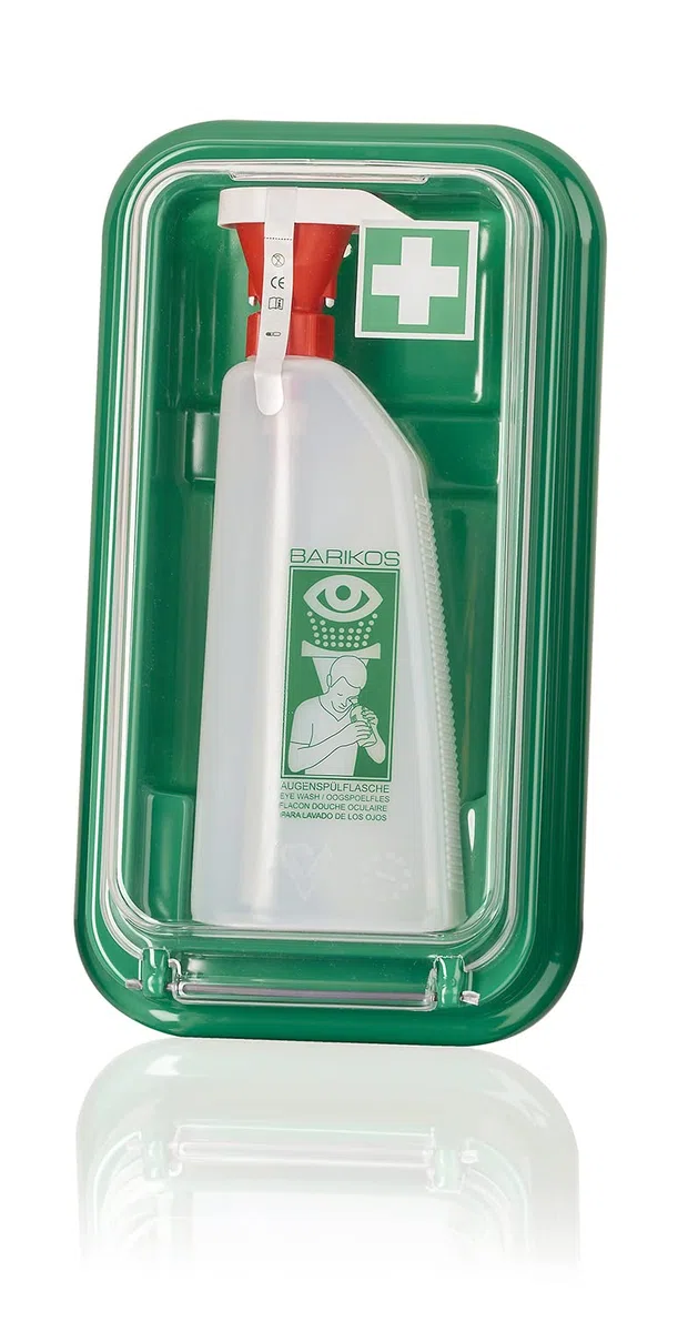Wandbehälter für eine Augenspülflasche 620 ml: Kunststoff-Wandbox mit transparentem Deckel, Erste Hilfe Station
