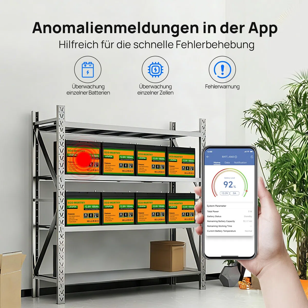 ECO-WORTHY LiFePO4 12V 100Ah Bluetooth mit 100A BMS Low Temperature Schutz und Max. 15000 Zyklens,1280Wh Lithium Batterie 12V 100Ah Autobatterie für Wohnmobil,Wohnwagen,Boot