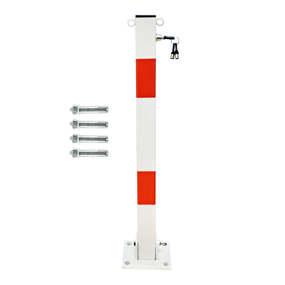 Marwotec Absperrpfosten aus Metall Klappbare Parkplatzsperre mit 2 Kettenösen, Reflektionsstreifen & 3 Schlüsseln Gesamthöhe 70 cm