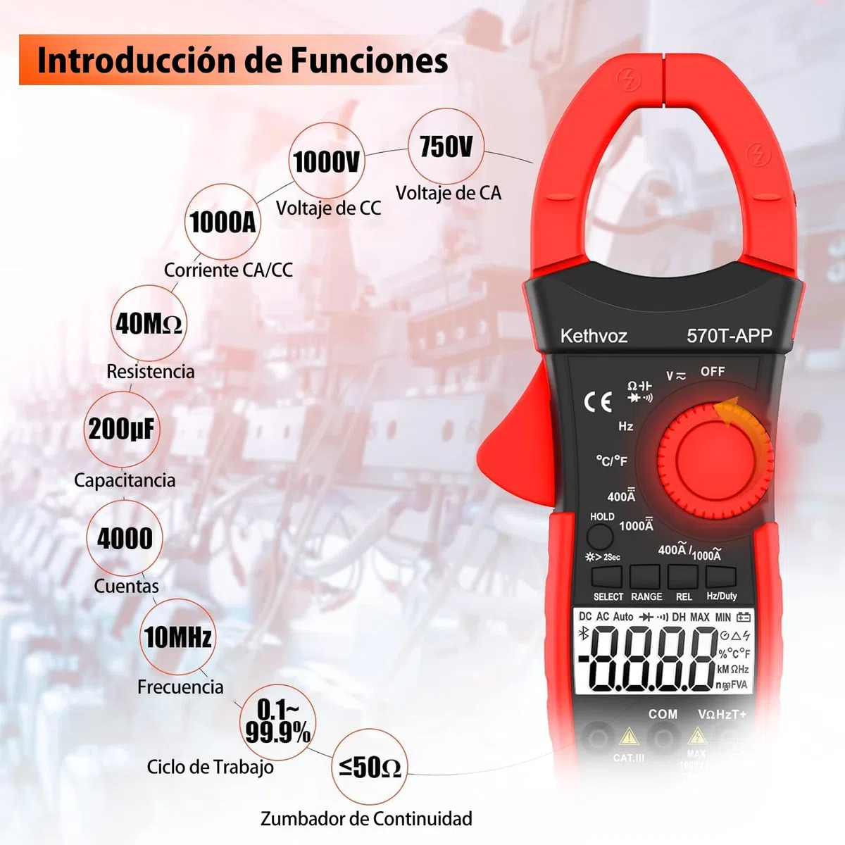 Strommesszange Bluetooth 4000 Counts Stromzange, Kethvoz Zangenmultimeter Strommessgerät mit Automatischem Messbereich für Widerstand Kapazität Durchgang Temperatur Diode Messen KE-570T-APP