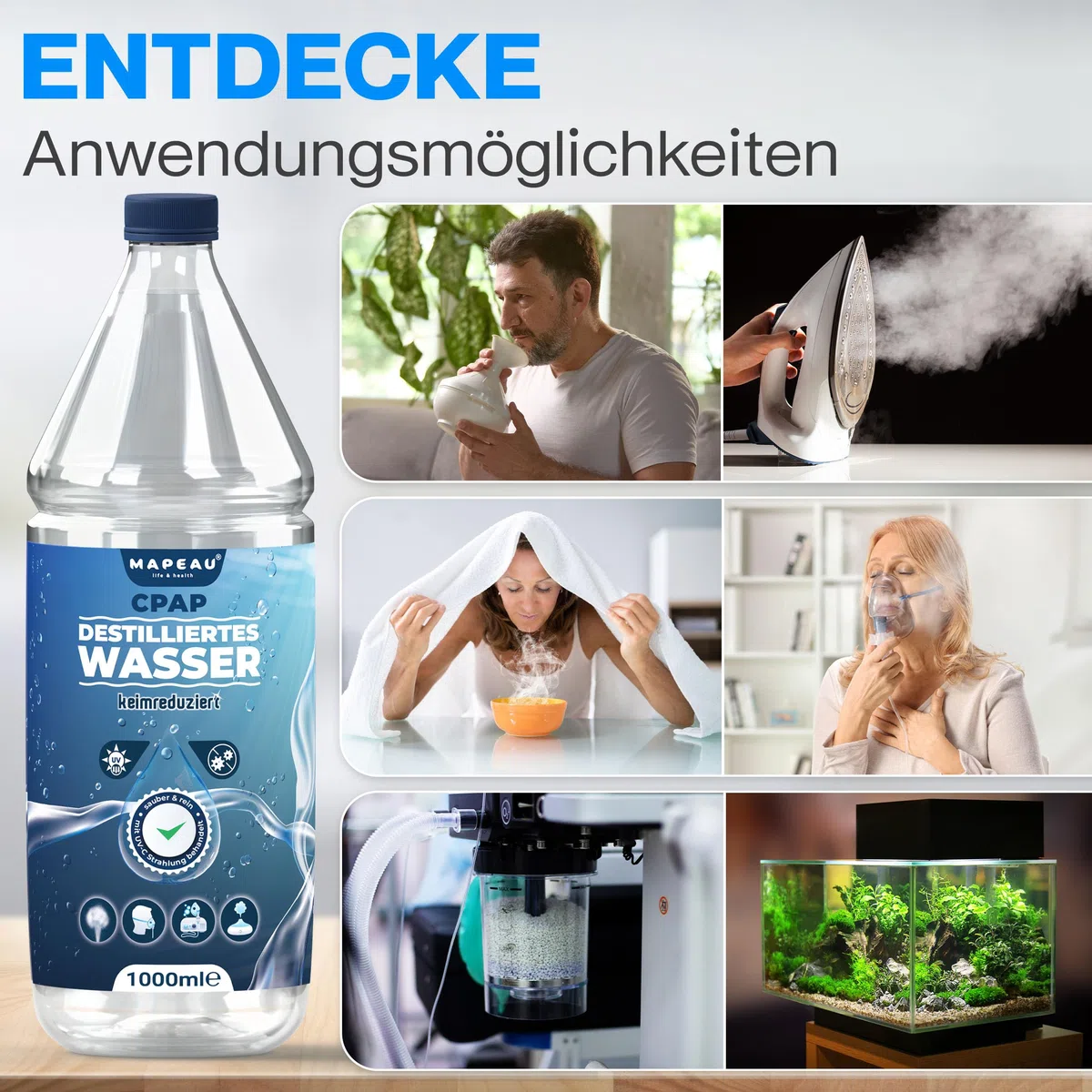 Mapeau CPAP Wasser 6 L für Sauerstoff-Geräte, CPAP Befeuchter Geräte, Inhalationsgerät, destilliertes Wasser keimreduziert für Luftbefeuchter (6x 1 Liter)