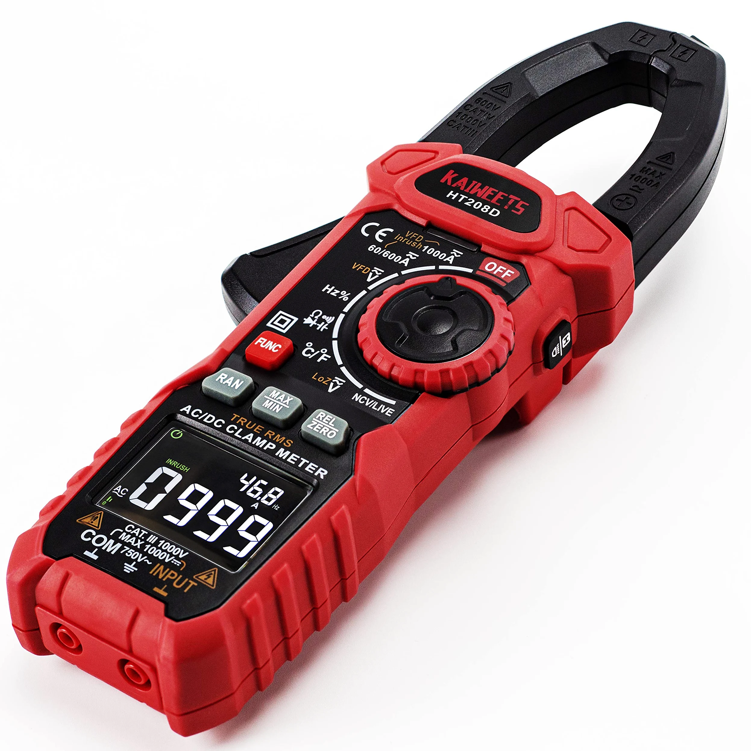 Einschaltstrom Stromzange 1000A True-RMS AC/DC-Zangenmultimeter, VFD, LOZ-Modus, 6000 Zähler, Misst Strom Spannung Temperatur Kapazität widerstand Dioden Kontinuität (HT208D)