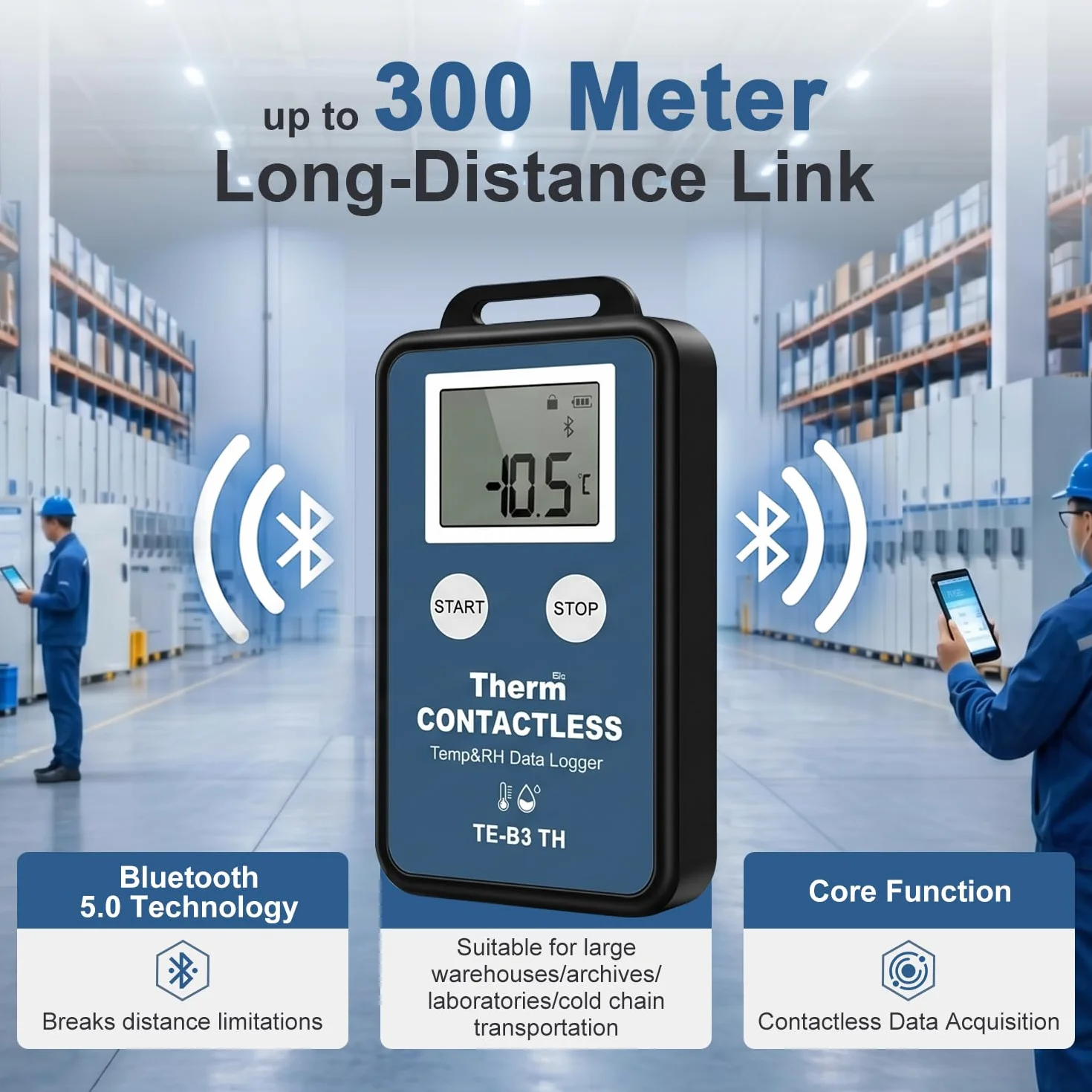 ThermElc TE-B3 Bluetooth datenlogger temperatur luftfeuchtigkeit, 300 m Reichweite,32.000 Messpunkte,LCD-Display, PDF&CSV-Berichte, professioneller Sensor für Temperatur und Feuchtigkeitskartierung
