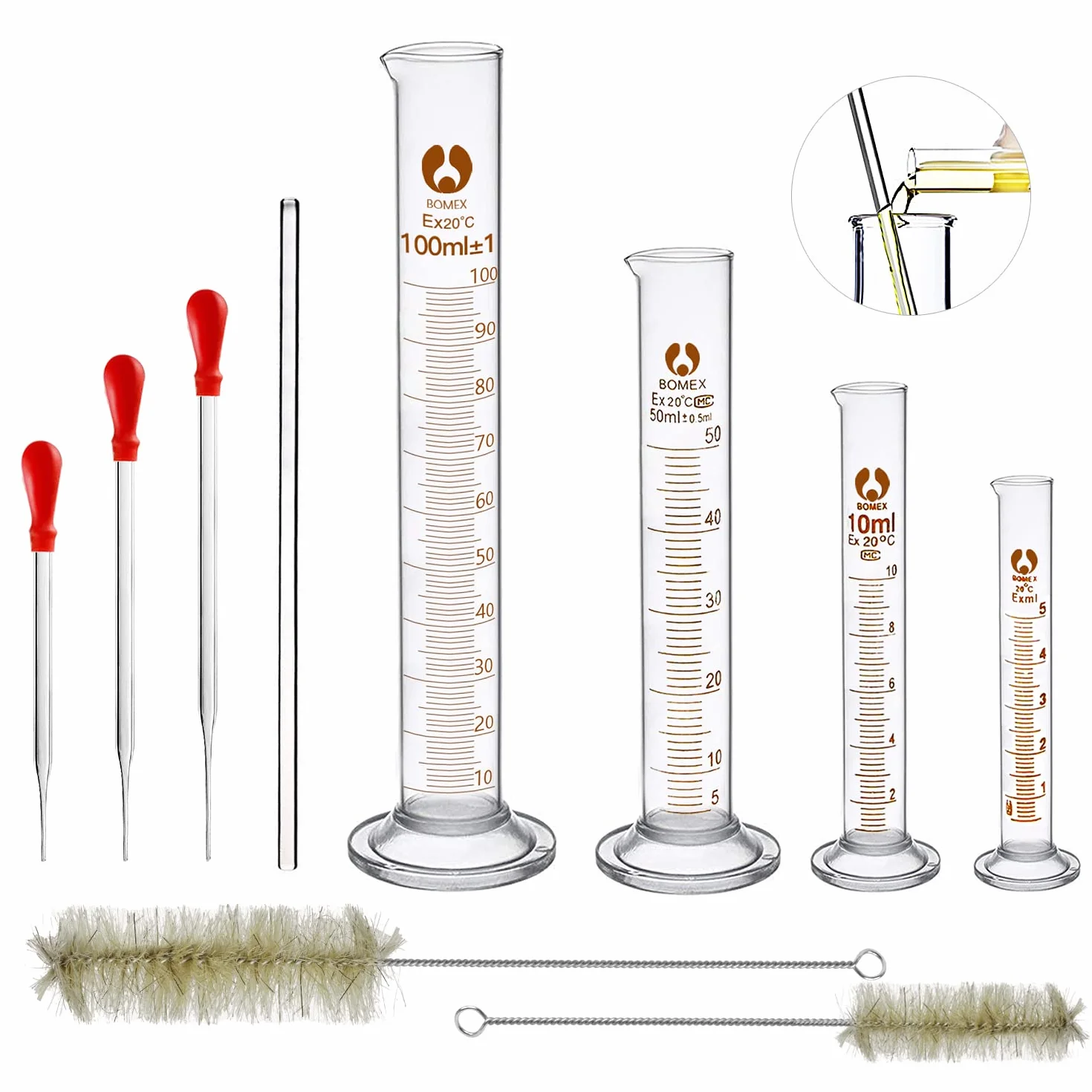 3 Stück Dropper Tropfpipette 4 Pcs Borsilikatglas Meßzylinder, Glasrührstab und 2 Pcs Bürst für Reagenzglas