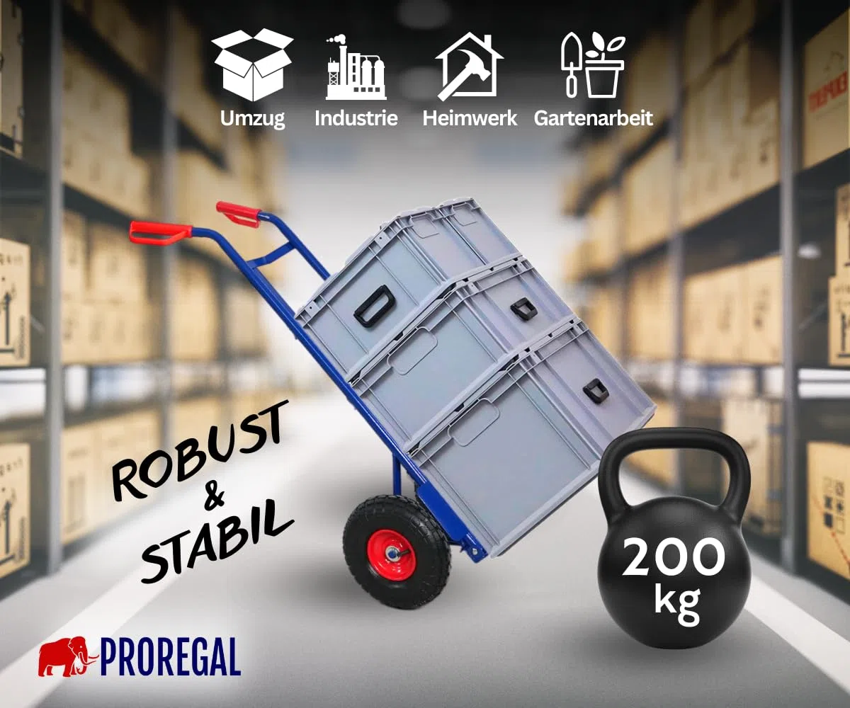 PROREGAL Sackkarre Odin | HxBxT 115x54,5x44,5cm | Tragkraft 200kg| Lufträder | Stahlrahmen | Blau | Transportkarre Staplerkarre klappbar