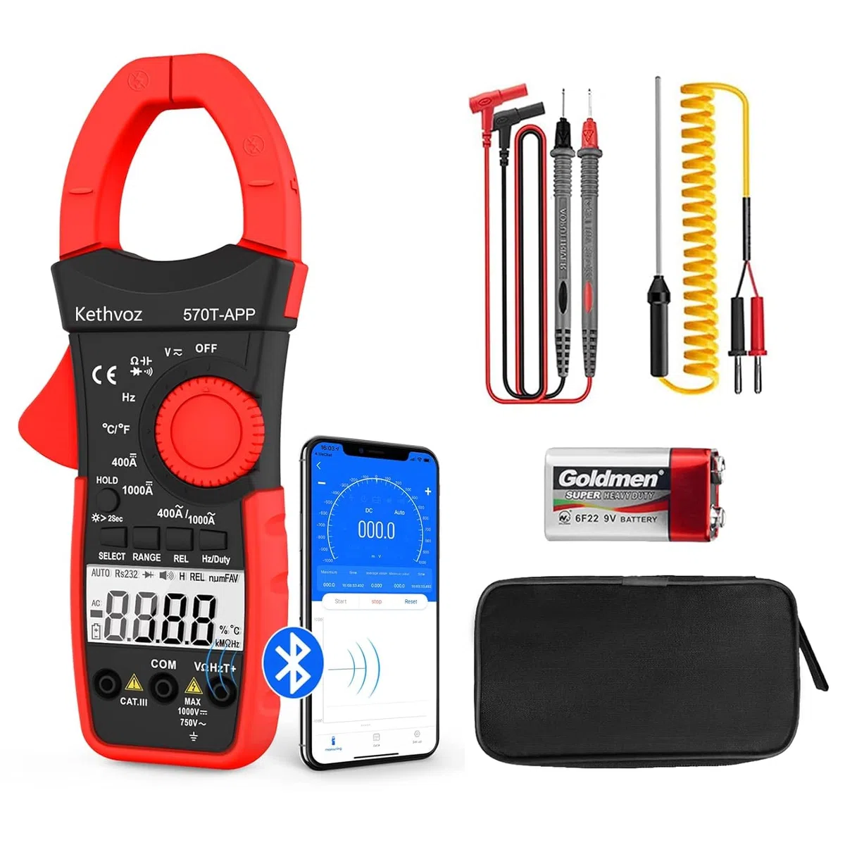 Strommesszange Bluetooth 4000 Counts Stromzange, Kethvoz Zangenmultimeter Strommessgerät mit Automatischem Messbereich für Widerstand Kapazität Durchgang Temperatur Diode Messen KE-570T-APP