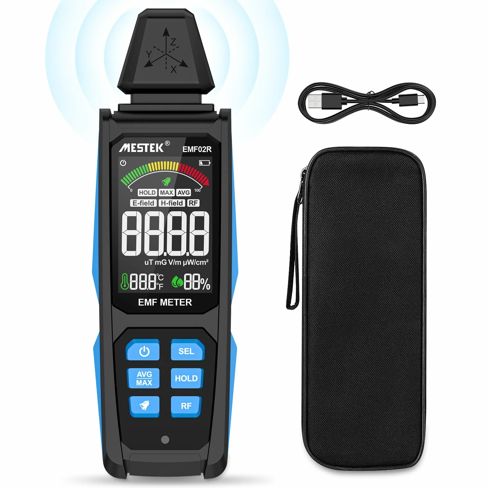 EMF Messgerät MESTEK 5-in-1 EF/MF/Radio-Frequenz EMF Meter, Elektromagnetische Felder Hochfrequenzfeld Strahlung Messgerät, mit Digitaler LCD Wiederaufladbarer für Zuhause, Büro und Outdoor
