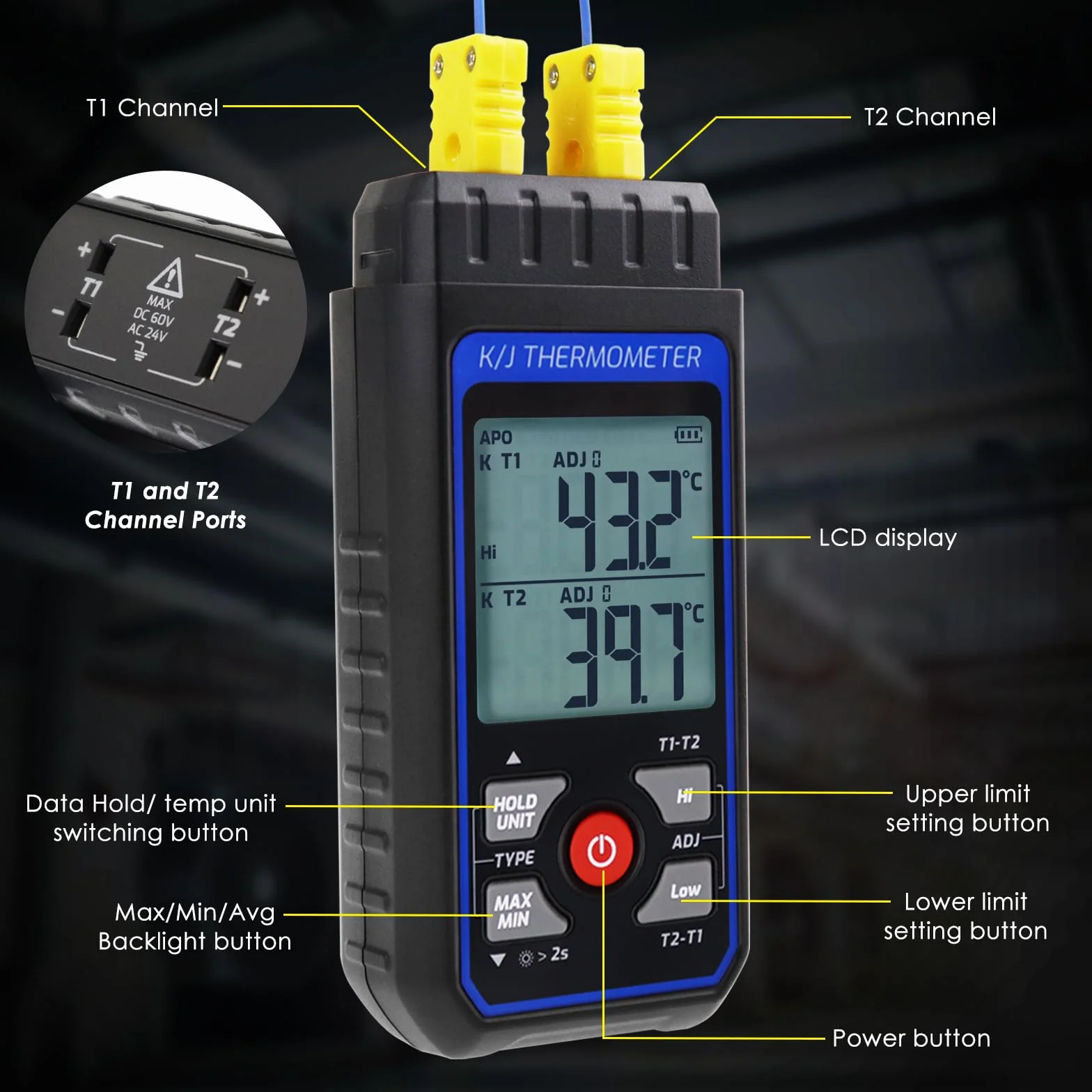 Thermoelement-Thermometer Digitales Zweikanal-Thermometer vom Typ K/J mit 4 Thermoelementen vom Typ K, -328~2501℉ Messbereich Temperaturmessgerät HVAC-Thermometer mit Alarm und ADJ-Kompensation