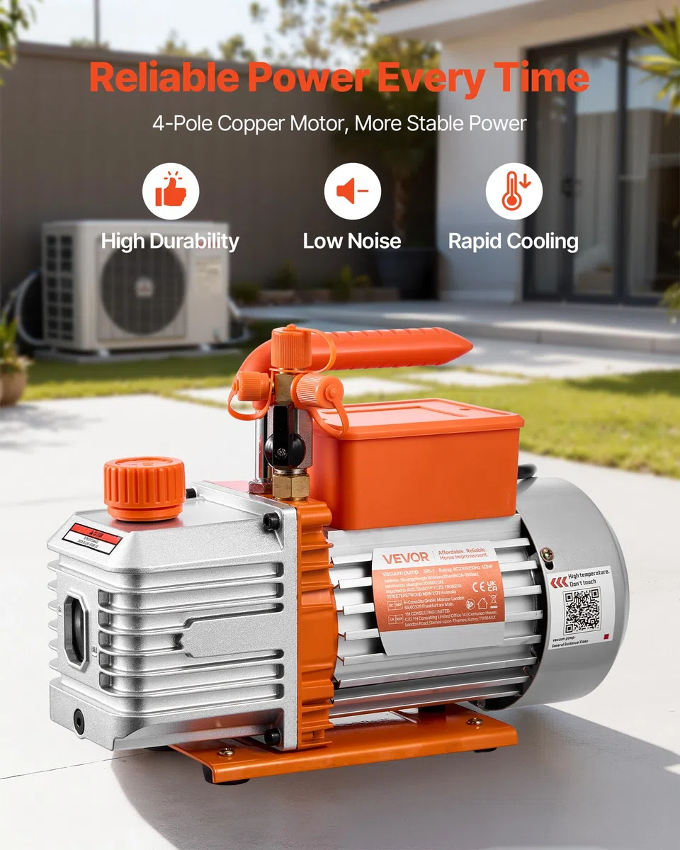 VEVOR Vakuumpumpe, 5 CFM 142 L/min, zweistufig, 375 W, geeignet für R134a-, R22- und R410a-Systeme, 4-poliger Motor, für die Wartung von Kfz-Klimaanlagen & die Entgasung von Harzen, inkl. Öl.