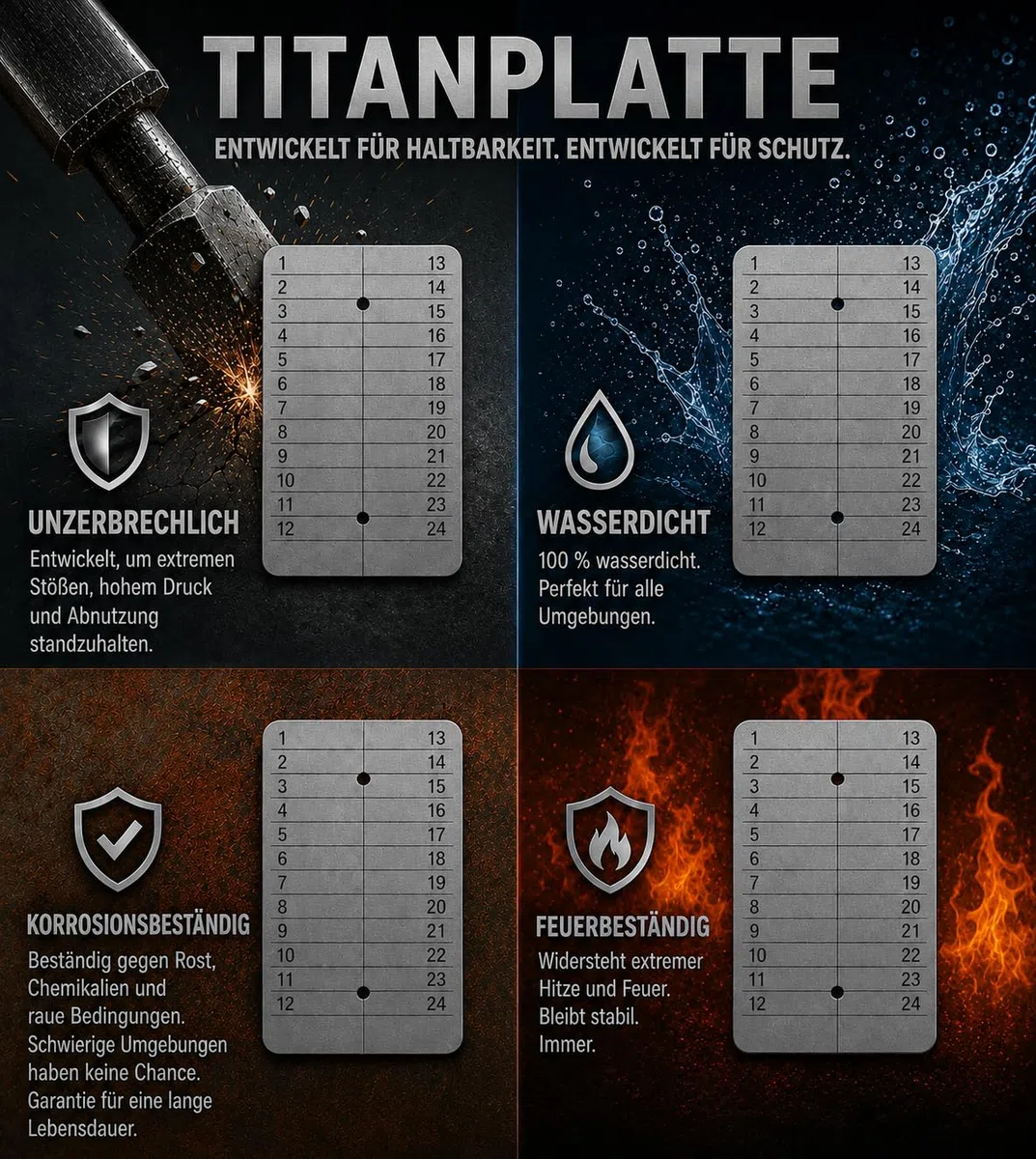4X Titan-Speicherplatten für Krypto-Seeds, lasergraviert, stanzbar und ätzbar – sicheres Cold Wallet für Offline-Backups von Bitcoin, Ethereum & anderen Kryptowährungen.