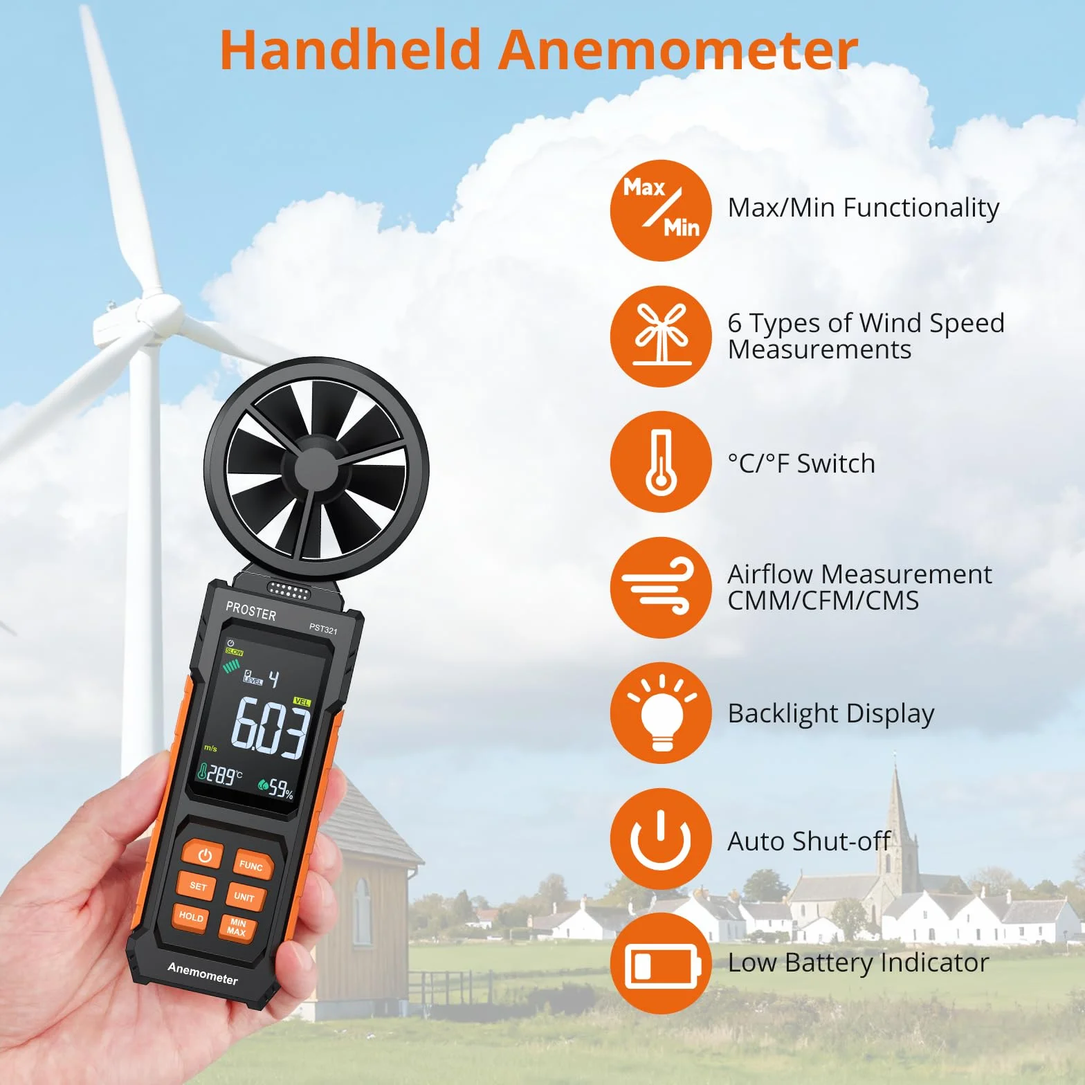 Proster Digitales Anemometer Windgeschwindigkeitsmesser（CFM CMM CMS）mit Farbdisplay und Hintergrundbeleuchtung – Luftvolumenmessgerät mit Lufttemperatur Test für Outdoor, Segeln, Schifffahrt