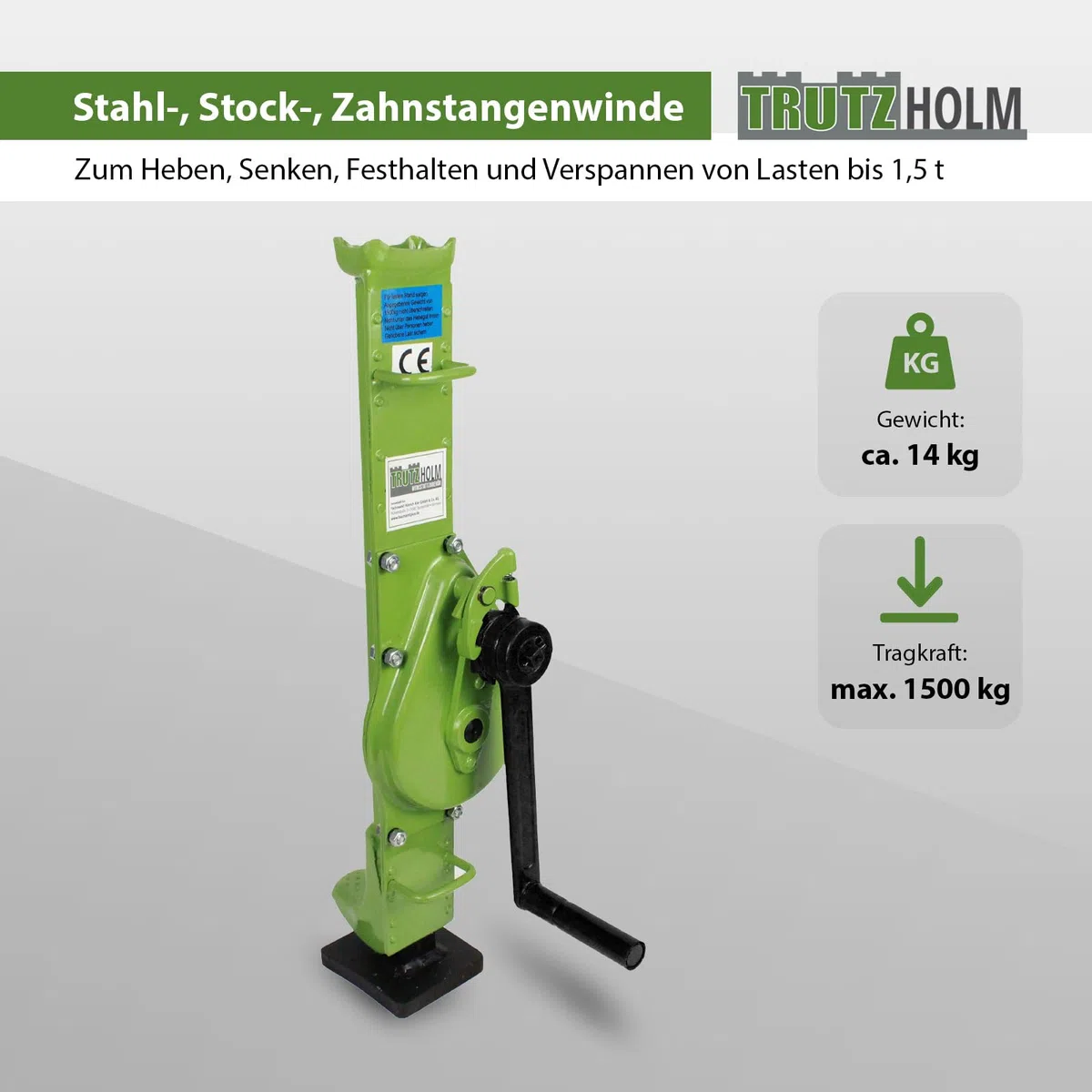 TRUTZHOLM Stahlwinde 3t Stockwinde Zahnstangenwinde 3000 kg 72,5-109,5 cm Höhe auomatische Bremse große Grundplatte Hubwinde Hebewinde Zahnstangenheber