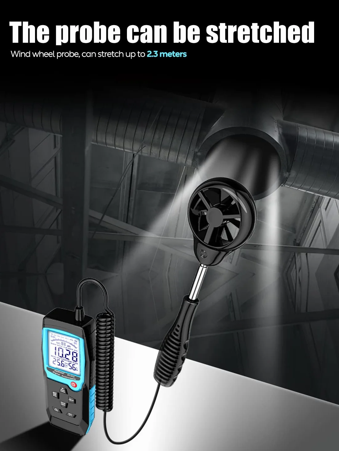 H12 Digitales Anemometer Handmessgerät, Windmesser Windmessgerät mit Erweitertem Windsensor, misst Windgeschwindigkeit (MAX/MIN/AVG) Windfluss (CFM)