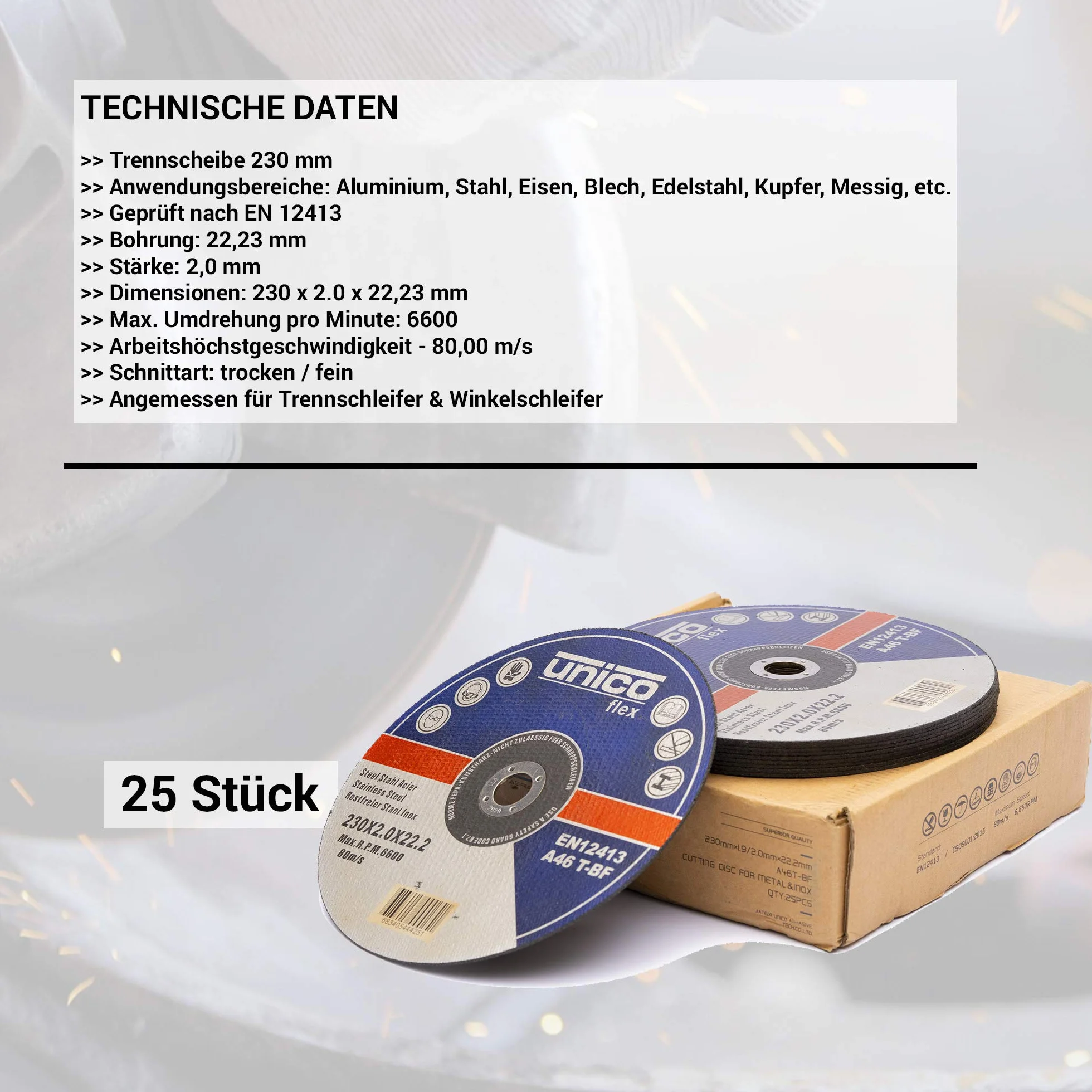 25 Stück Trennscheibe 230 Metall - 25x Trennscheiben 230 x 2,0 mm/Flexscheiben 230 Metall dünn 2mm / Bohrung: 22,23 mm/für Trenn- oder Winkelschleifer