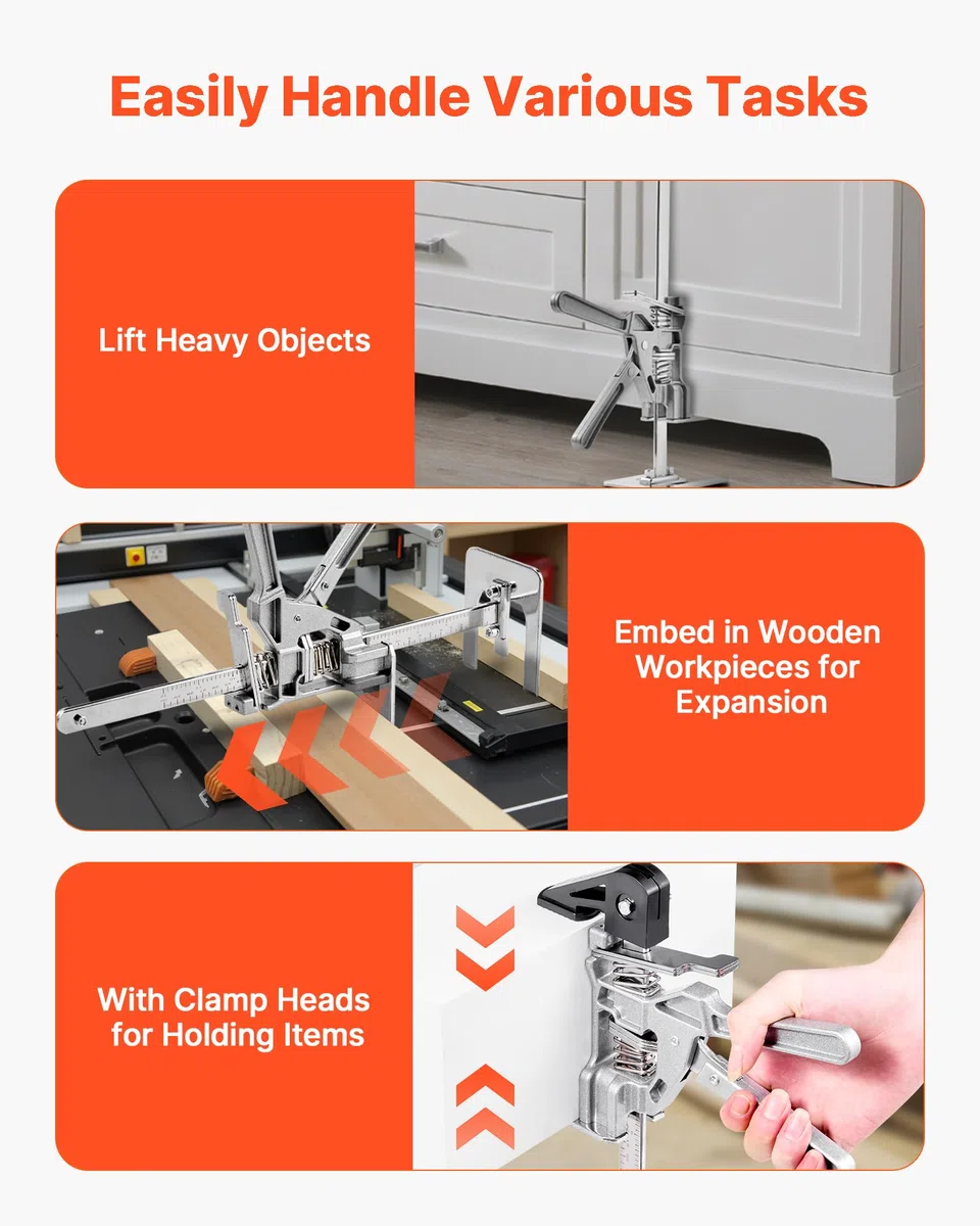 VEVOR arbeitssparender Armwagenheber 2 STK. 100 kg Tragkraft, Heben bis zu 18 cm, Handhebewerkzeug mit magnetischer Wasserwaage, höhenverstellbar, für Türen Fenster Möbel Holzbearbeitung, Silber