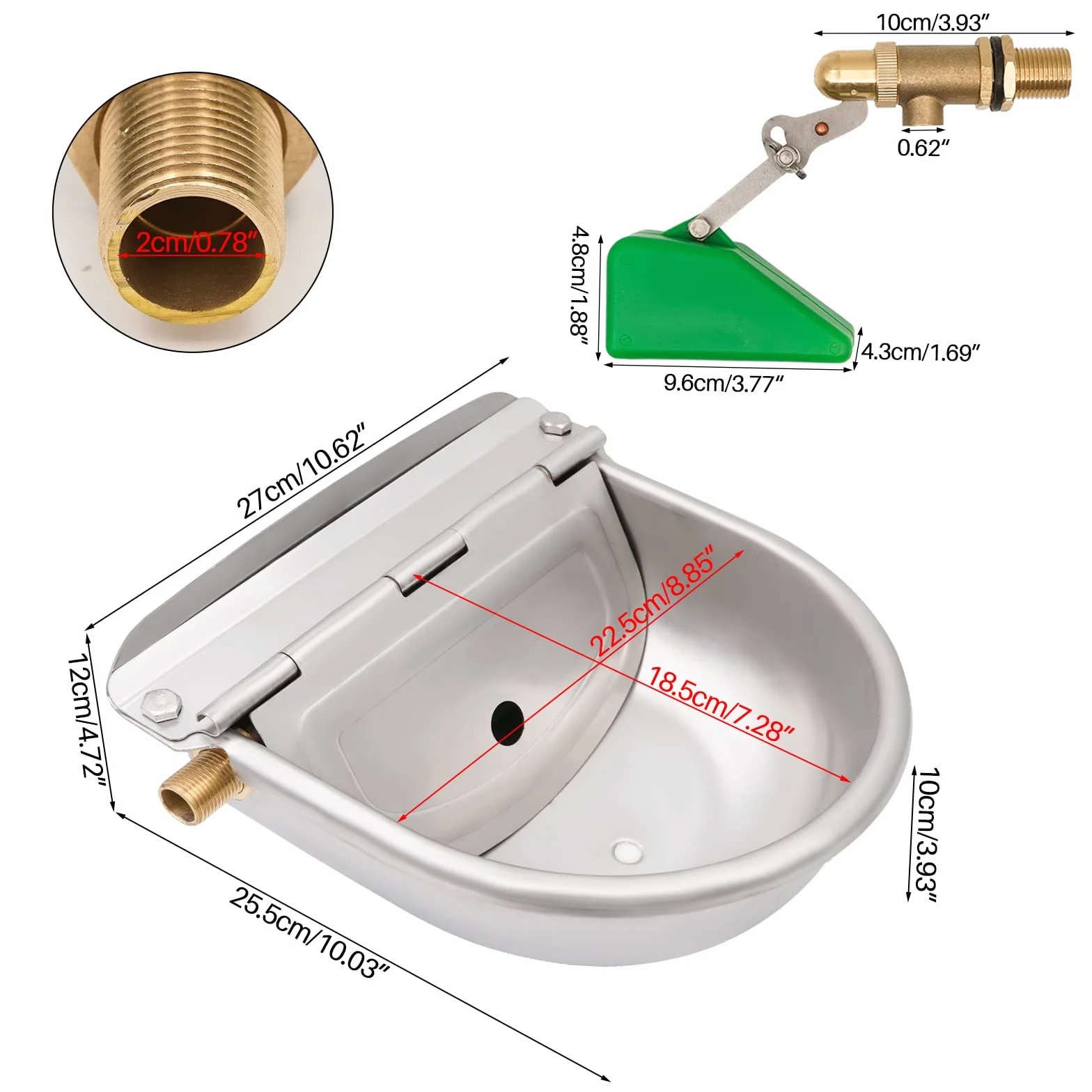Automatische Tränkebecken mit 1/2 Zoll Schwimmerventil, Edelstahl-Rindertrinkschale, Pferdetrinkschale mit Abflussloch, für Hunde, Rinder, Schaf, Pferde und Viehtrinkrog