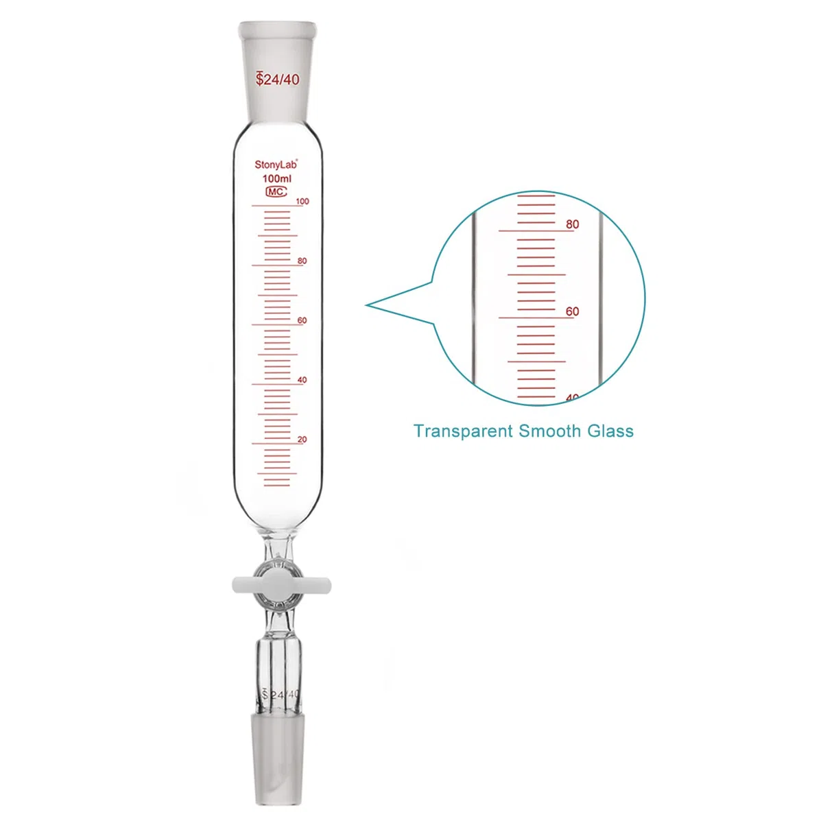 stonylab Additionstrichter, 24/40 Gelenk Borosilikatglas Tropftrichter mit PTFE Absperrhahn für Laborzusatztrichter, 100 ml