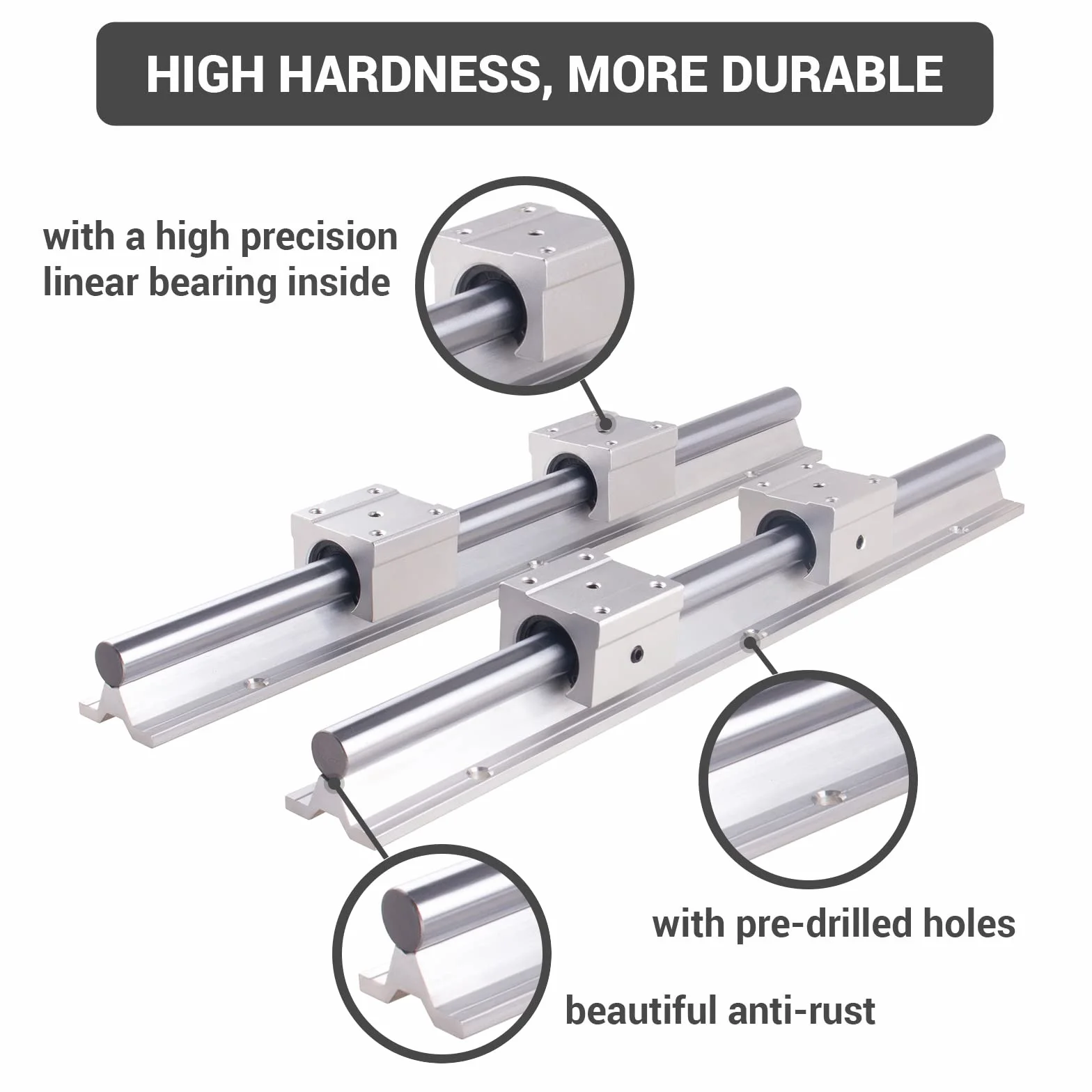 Linearschiene SBR16 800mm 2 Stück Silber Linearführung mit 4 Stück SBR16UU Lagerblöcken Rostfreie Linearlagerschiene mit vorgebohrten Löchern für DIY 3D-Drucker