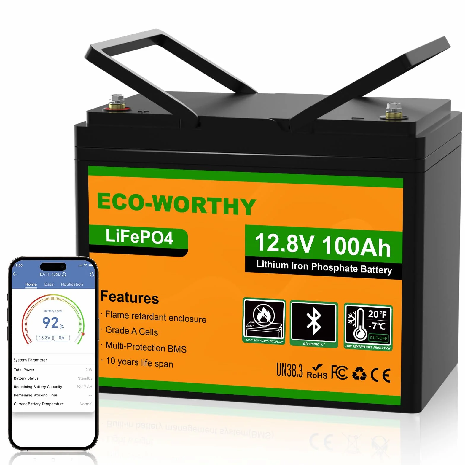 ECO-WORTHY LiFePO4 12V 100Ah Bluetooth mit 100A BMS Low Temperature Schutz und Max. 15000 Zyklens,1280Wh Lithium Batterie 12V 100Ah Autobatterie für Wohnmobil,Wohnwagen,Boot
