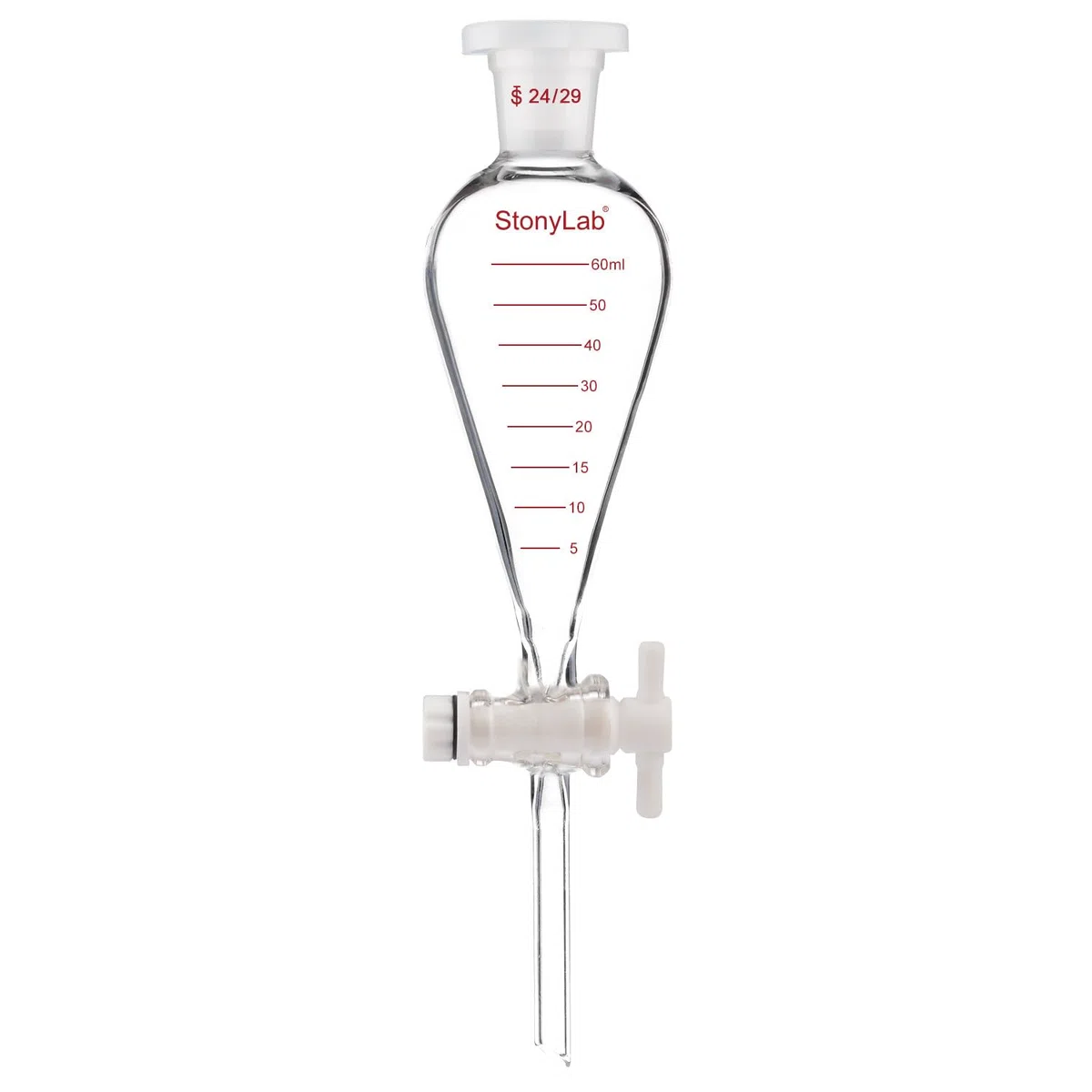 stonylab Messablauftrichter, Schwerwandig Birnenförmig Konisch aus Borosilikatglas mit PTFE-Hahn und Kunststoffstopfen, 60 ml