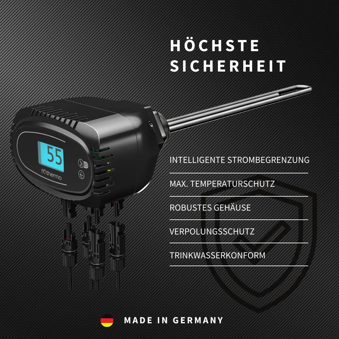 fothermo Solar Heizstab Komplettset 1000W mit 4x Aiko 500Wp PV Modulen – Photovoltaik Warmwasserbereitung für Boiler & Warmwasserspeicher – Plug & Play ROD-1000