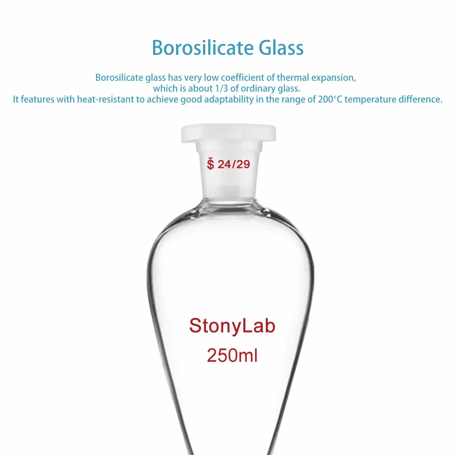 stonylab Scheidetrichter mit Glasabsperrhahn, Borosilikatglas 24/29 Schliff-Trichter für Präzise Flüssigkeitstrennung im Labor, 250 ml