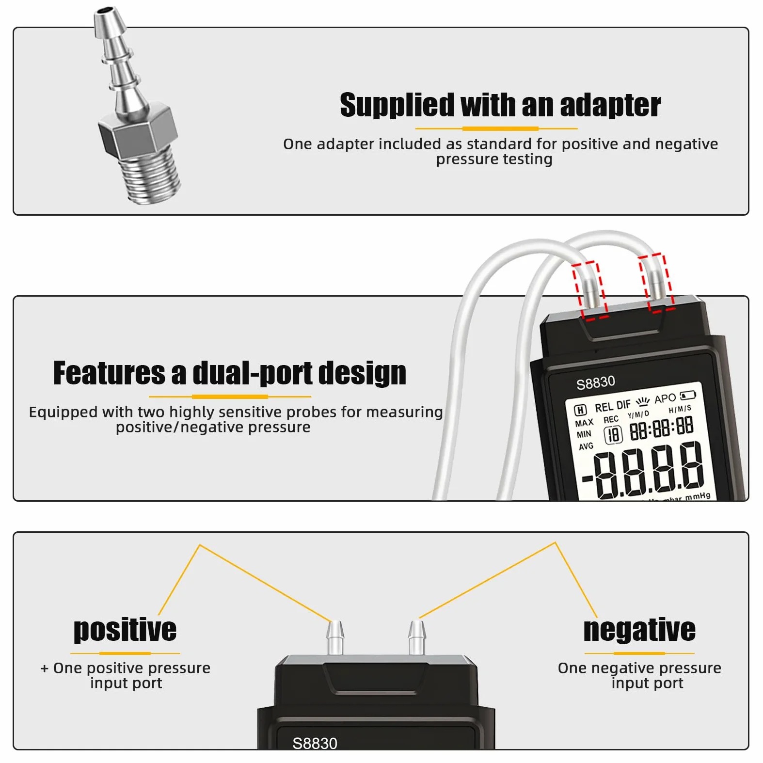 Differenzdruckmessgerät Digital Manometer GR-T9-S8830 Professioneller Druckmessgerät mit zwei Anschlüssen LCD-Druckmesser mit Hintergrundbeleuchtung für die Prüfung von Erdgasleitungen usw