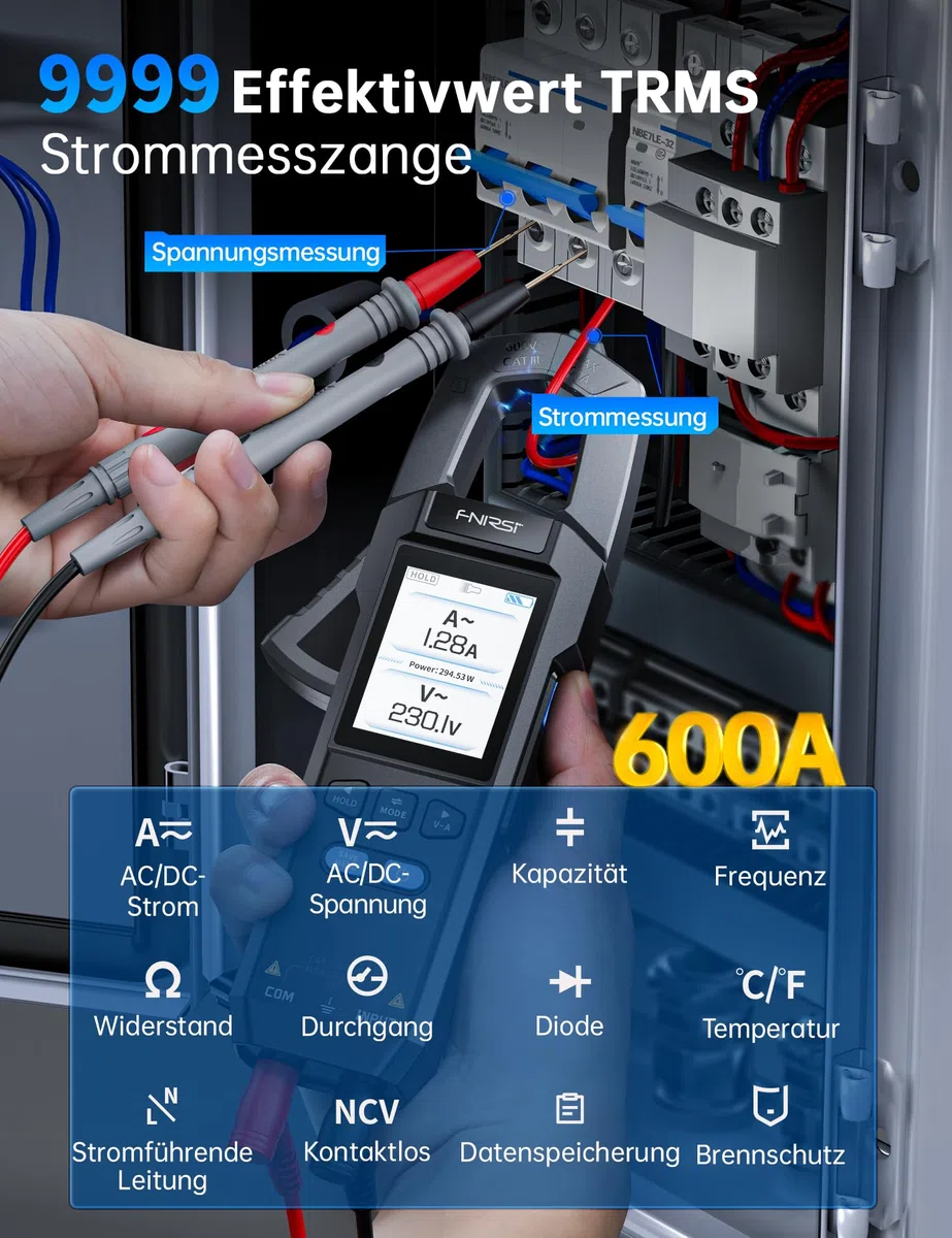 FNIRSI DMC-100 Digitales Zangenamperemeter, 9999 Counts TRMS-Multimeter, 600A Kurvenaufzeichnung, wiederaufladbares Amperemeter mit Aufbewahrungstasche, NCV, AC/DC-Spannungsstrom, Durchgangskapazität