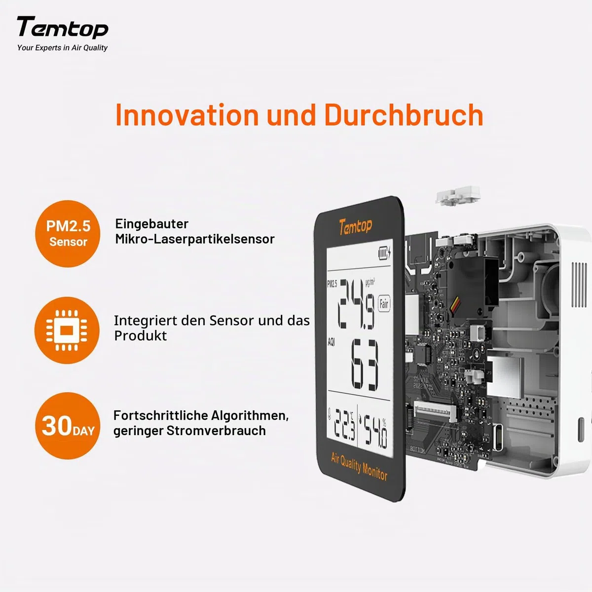 Temtop S1 Luftqualitätsmessgerät Mit PM2.5, AQI Und Temperatur-Feuchtigkeitserfassung, Ultra-lange Batterielaufzeit Von 60 Tagen, Ideal Für Zuhause Und Büro