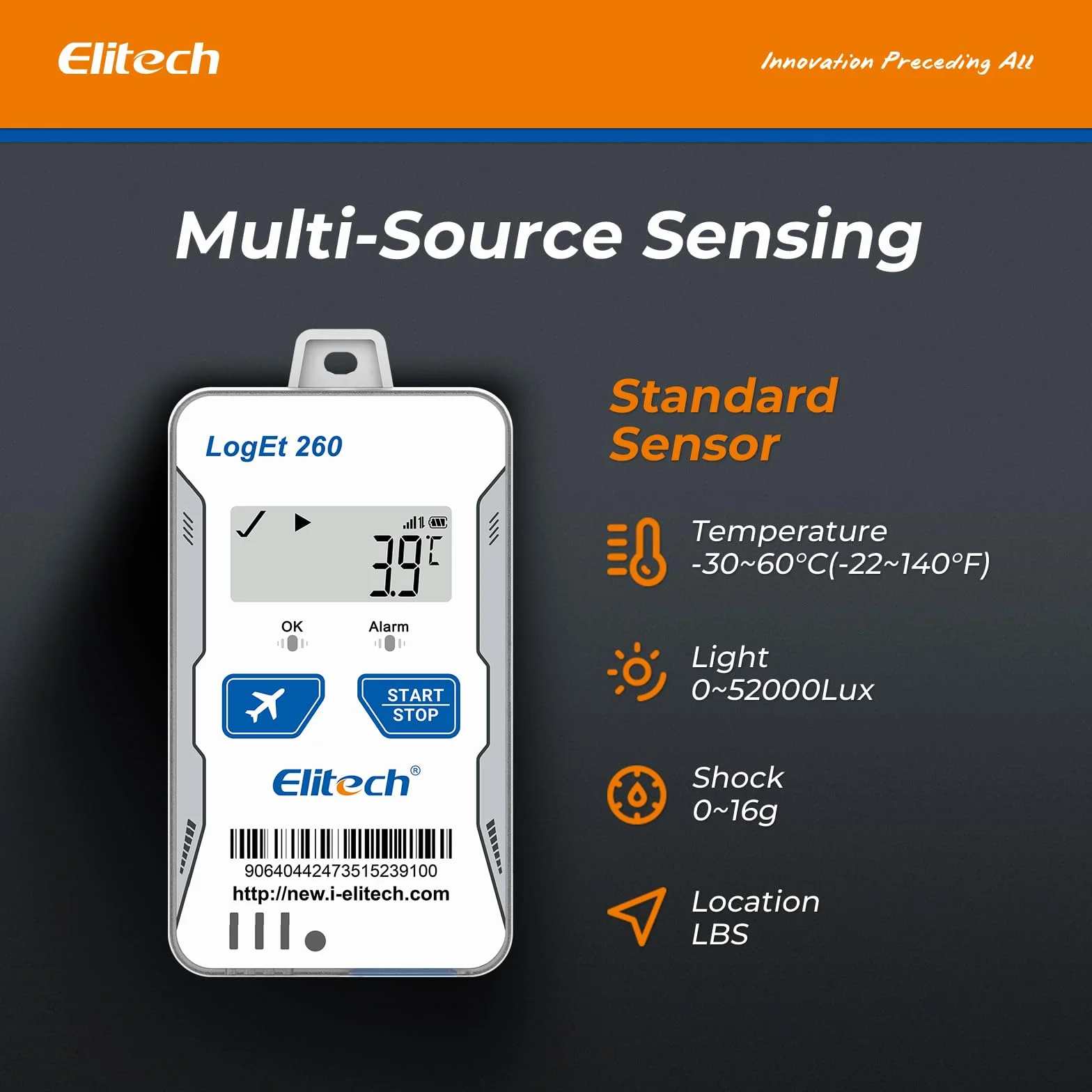 Elitech 4G LTE Echtzeit Temperatur Datenlogger für Feuchte/Licht/Erschütterung/Ortung mit SIM-Karte, Flugmodus, Cloud-Speicher, SMS/E-Mail/APP-Alarm, 100.000 Datenpunkte Loget260THE