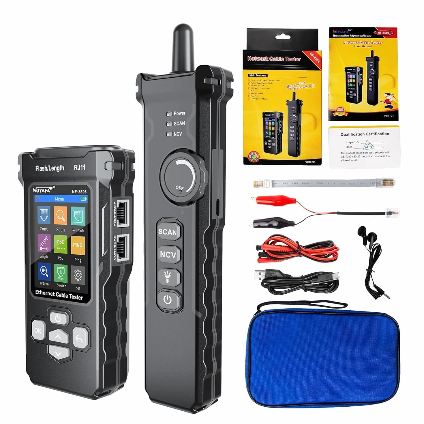 NOYAFA Netzwerktester mit IP-Scanning, PING- und Switch-Rate-Test, TDR Netzwerkkabel Tester, RJ11 RJ45 Tester, Ethernet-Kabeltester für Cat5/Cat6 POE-Tests, Wire Tracer Mapping, NF-8506
