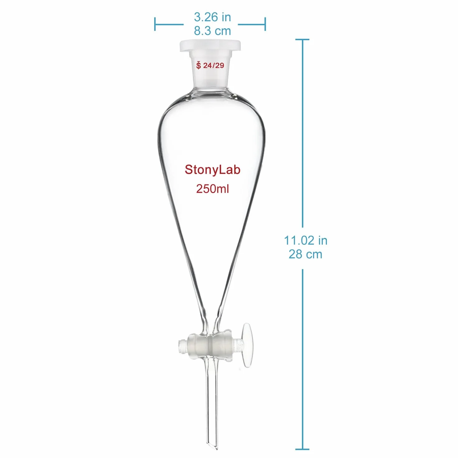 stonylab Scheidetrichter mit Glasabsperrhahn, Borosilikatglas 24/29 Schliff-Trichter für Präzise Flüssigkeitstrennung im Labor, 250 ml