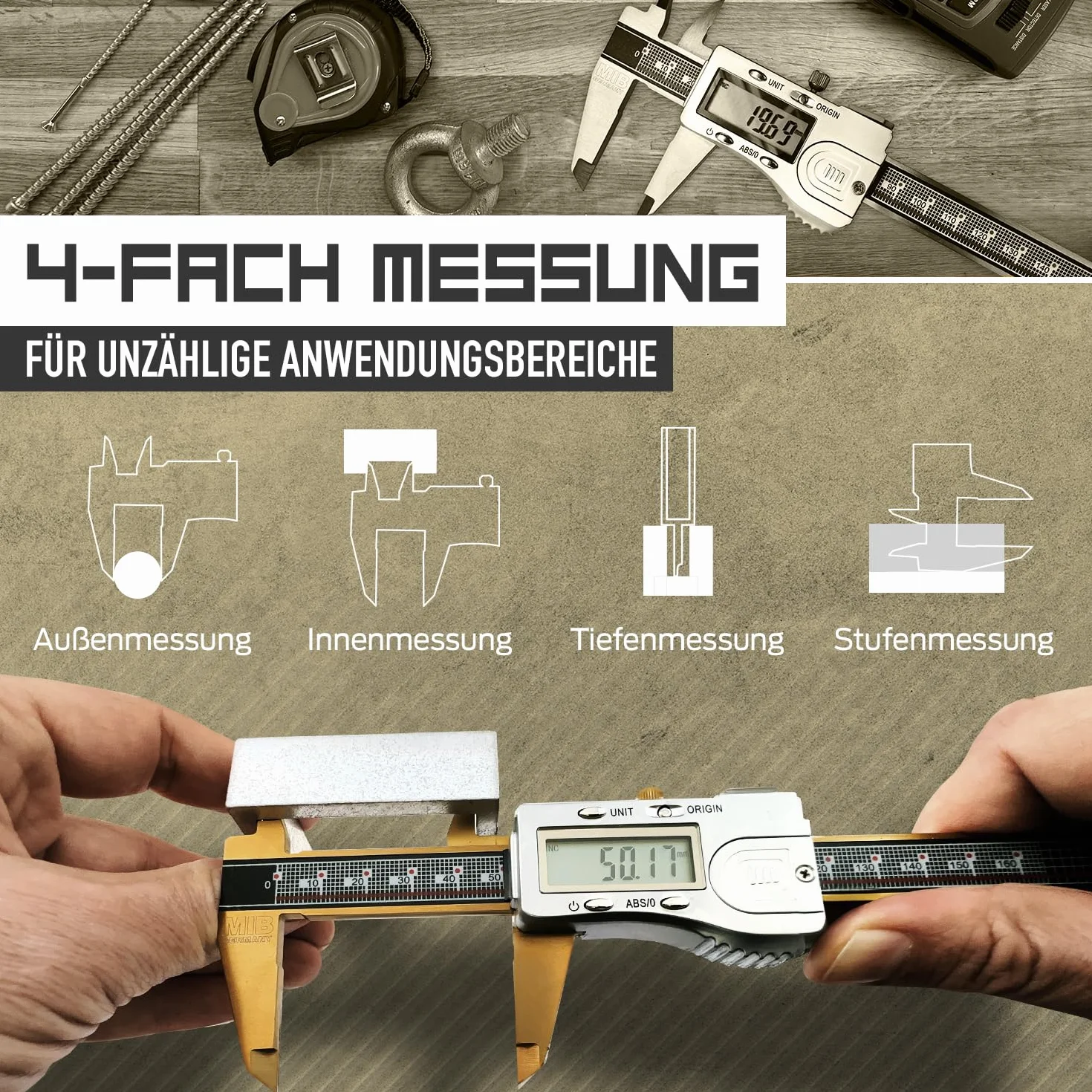 MIB Digitaler Messschieber mit Absolut-System & TiN-Beschichtung DIN 862 150mm | Präzisionsmessgerät | 4-fach Messung | Kalibrierung | Digitalwerkzeug Set mit 3V Batterie & Kunststoffbox