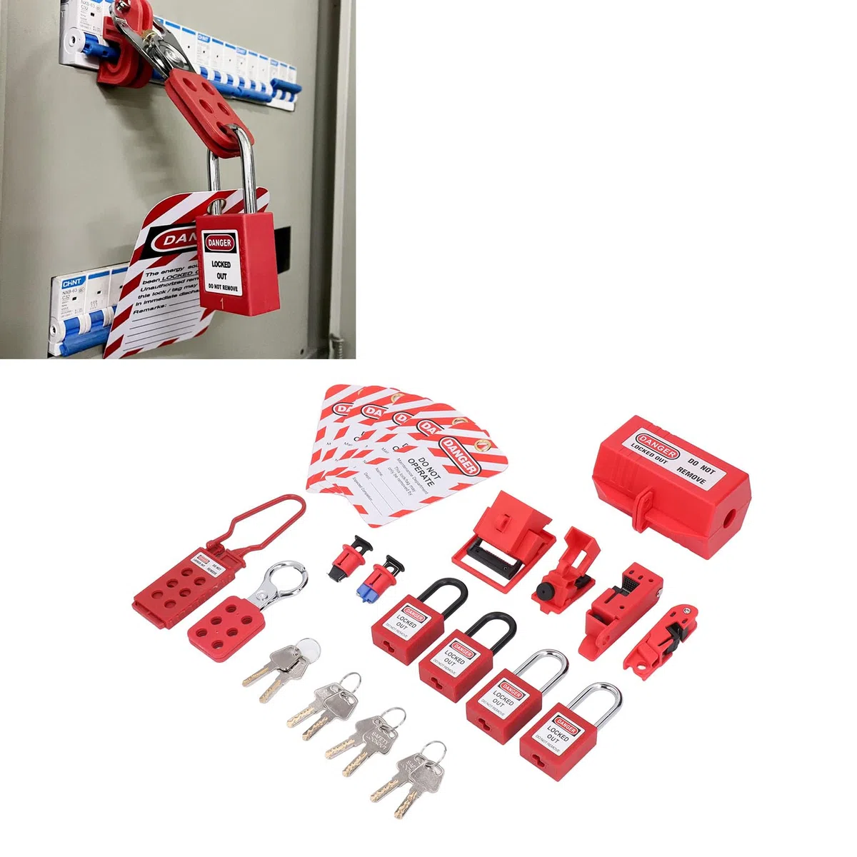 Elektrisches Lockout-Tagout-Kit, Klammer für Mehrpolige Leistungsschalter-Lockouts, 4 Loto-Schlösser (2 Schlüssel Pro Schloss), Steckschlösser, 2 Haspen, 5 Lockout-Tags,