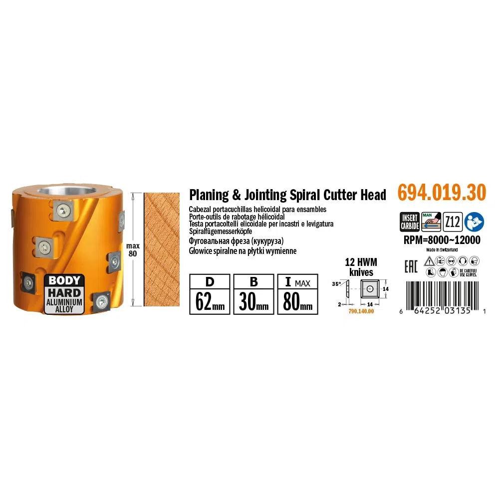 CMT ORANGE TOOLS 694.019.30 - HARTMETALL-SPIRALFÜGEMESSER Z12 D=62X80X30