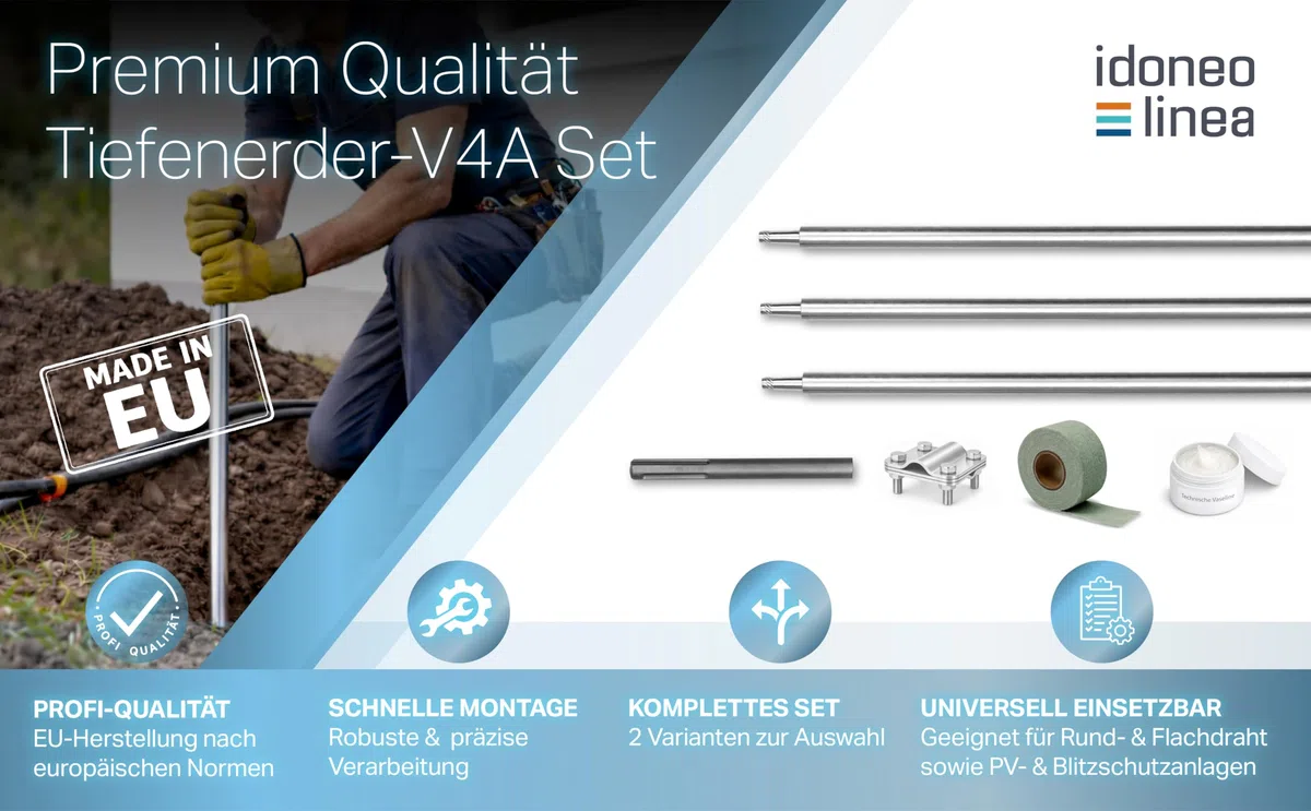 Tiefenerder Set V4A Edelstahl – Erdungsstab/Erdungsspieß mit Anschlussklemme & Schlagspitze – Basic & Profi Set mit Korrosionsschutzband, Vaseline & SDS – Blitzschutz, PV Erdung