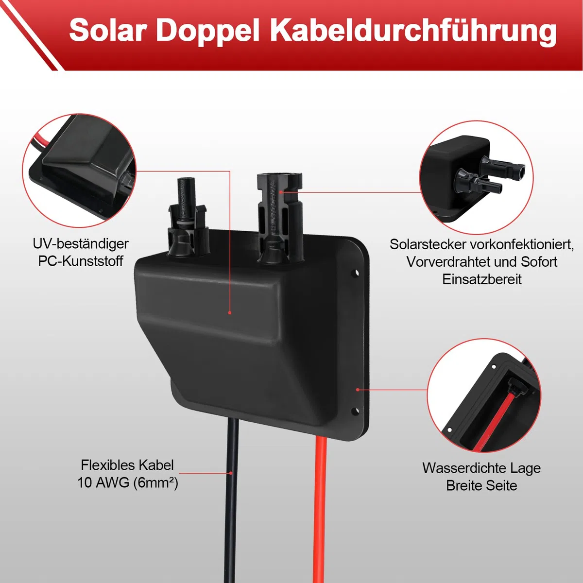 Dachdurchführung Solar Doppel Kabeldurchführung Gehäuse mit 3m 6mm² Kupferkabel und Solarpanel Steckverbinder, Kabeldurchführung Anschlussdose für Wohnmobil, Boote, PV-anlage und Camper