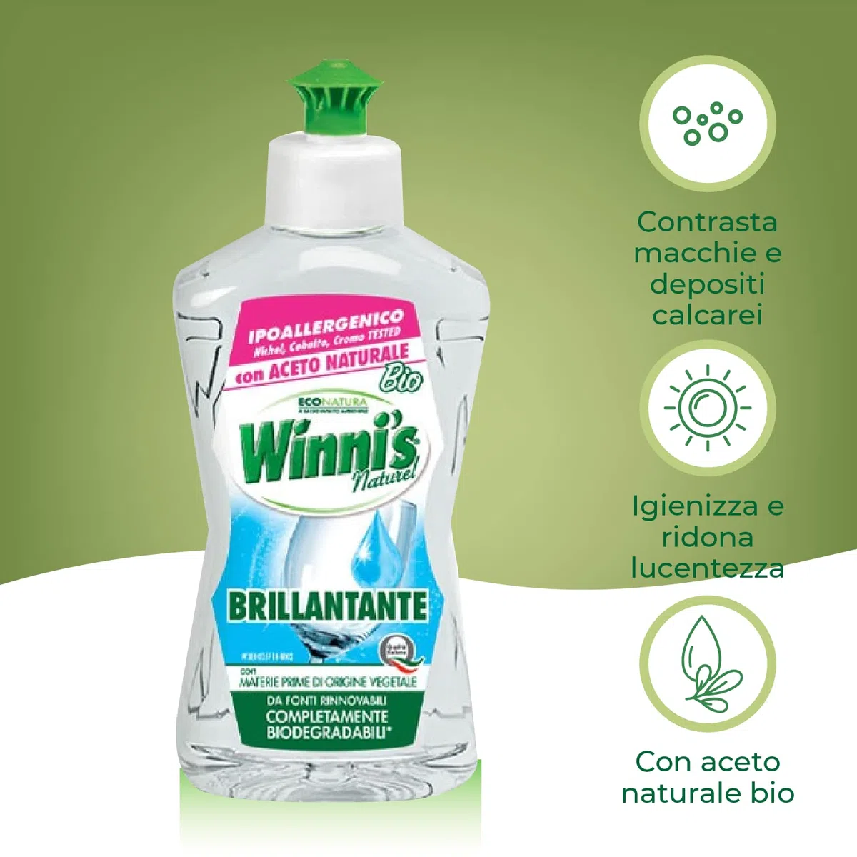 Winni's - Hypoallergener Geschirrspüler-Zusatzstoff mit natürlichem biologischem Essig, gegen Rückstände und Flecken, mit Rohstoffen pflanzlichen Ursprungs, 250 ml x 16