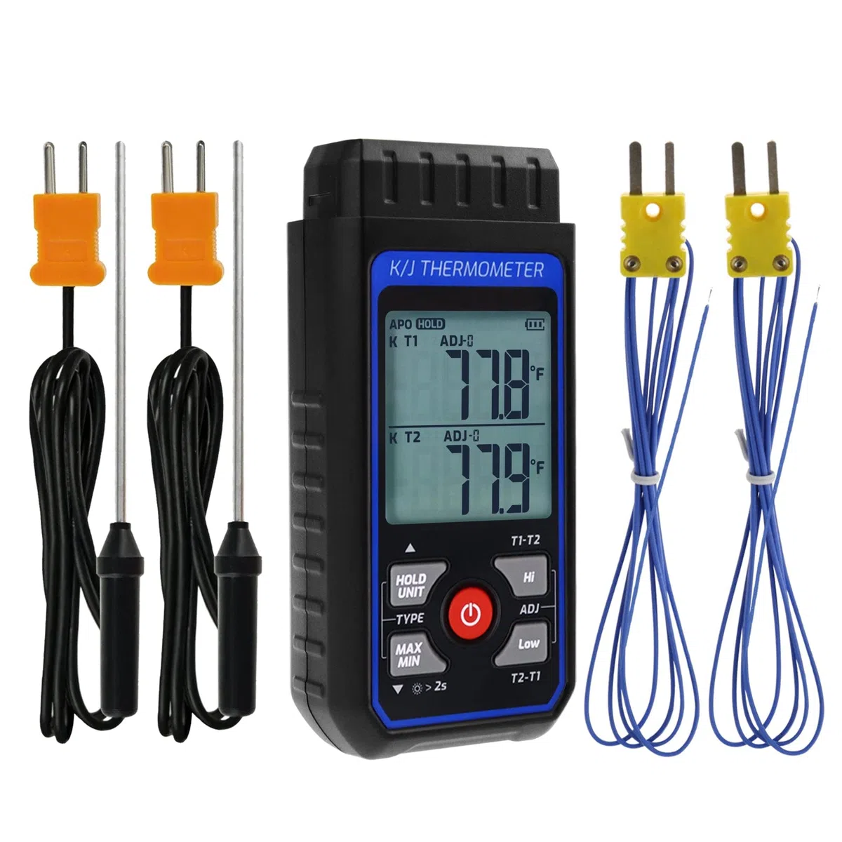 Thermoelement Thermometer, K/J Typ Zweikanal Thermometer mit 4 Thermoelementen, Digitales Temperaturmessgerät mit LED-Hintergrundbeleuchtung und automatischer Kompensation (-328~1370°C)