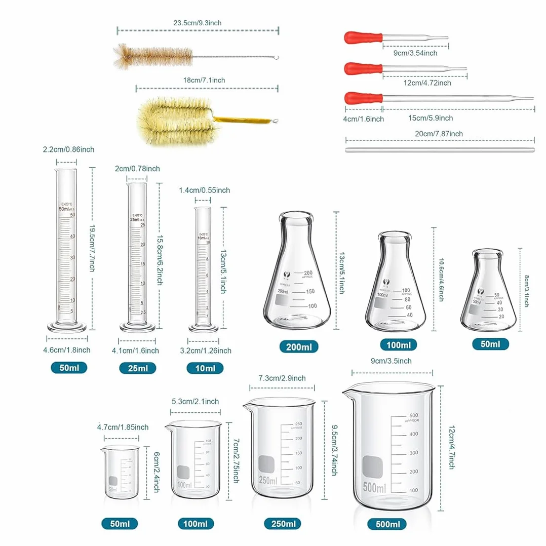 Bechergläser Erlenmeyerkolben Messzylinder Set, ZEEROQOLAB 4 Graduierten Becherglas, 3 Glasmesszylinder mit 3 Konisch Fläschchen, mit 3 Glas Pipetten, 2 Glas Rührstab und 2 Waschbürste