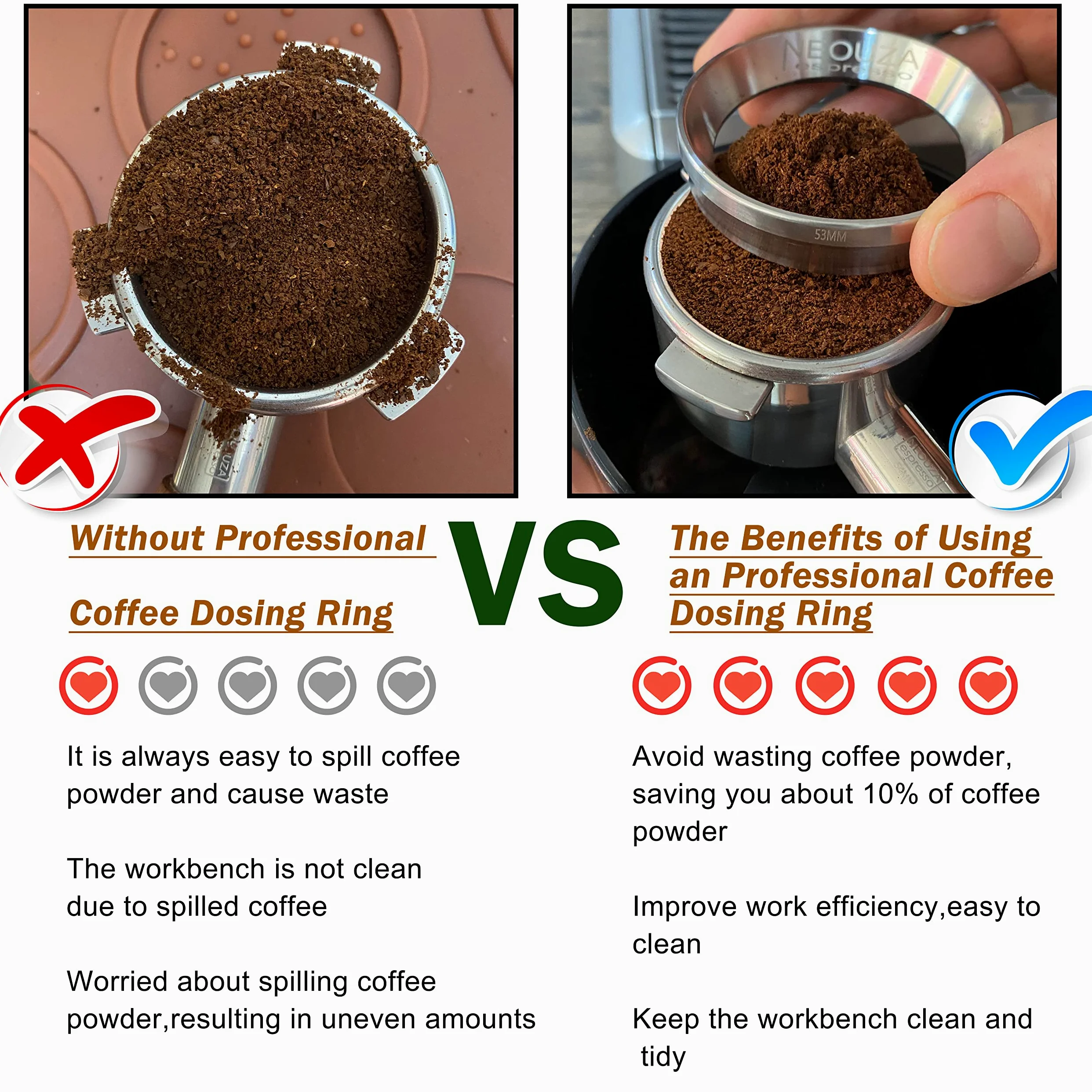 NEOUZA Espresso-Dosiertrichter, Ring, Edelstahl, kompatibel mit Kaffeemaschinen-Siebträger für das Stampfen (51 mm)